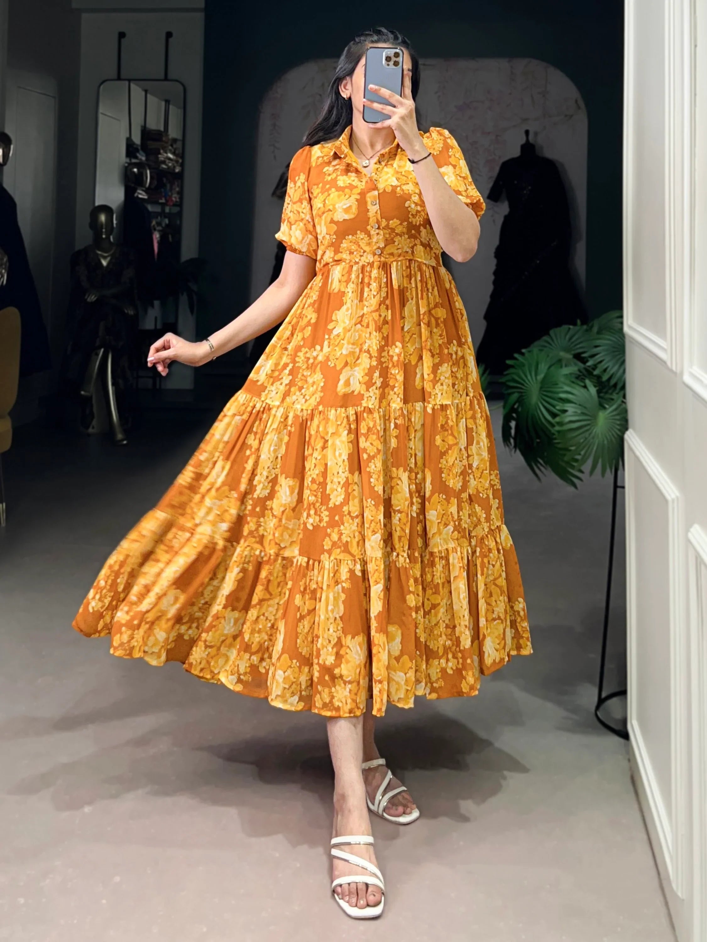 Stylish Mustard Yellow Flower Printed Georgette Summer Wear Dress