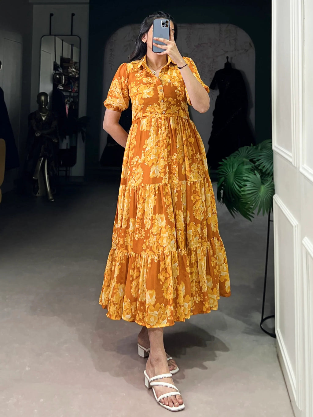 Stylish Mustard Yellow Flower Printed Georgette Summer Wear Dress