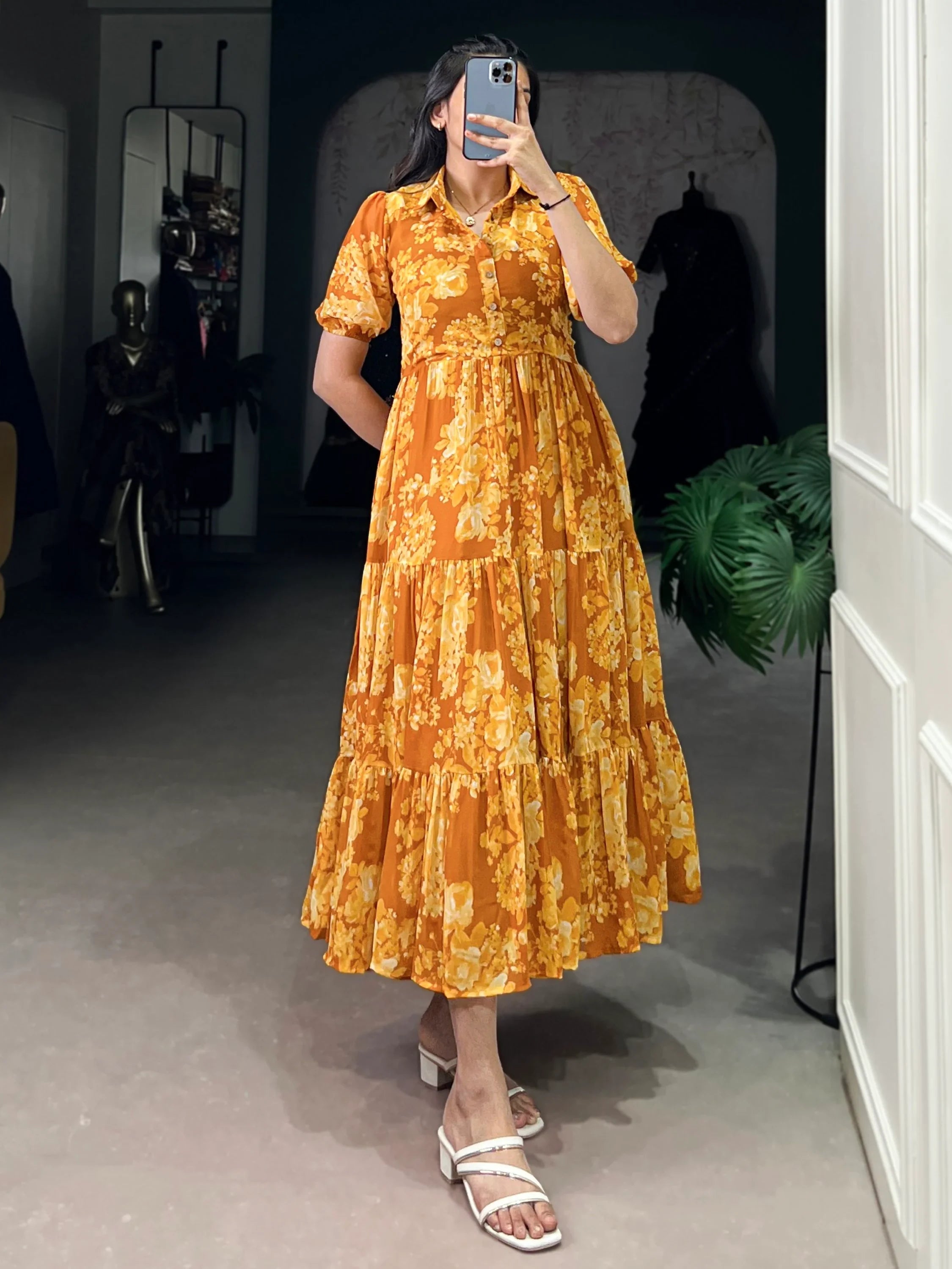 Stylish Mustard Yellow Flower Printed Georgette Summer Wear Dress
