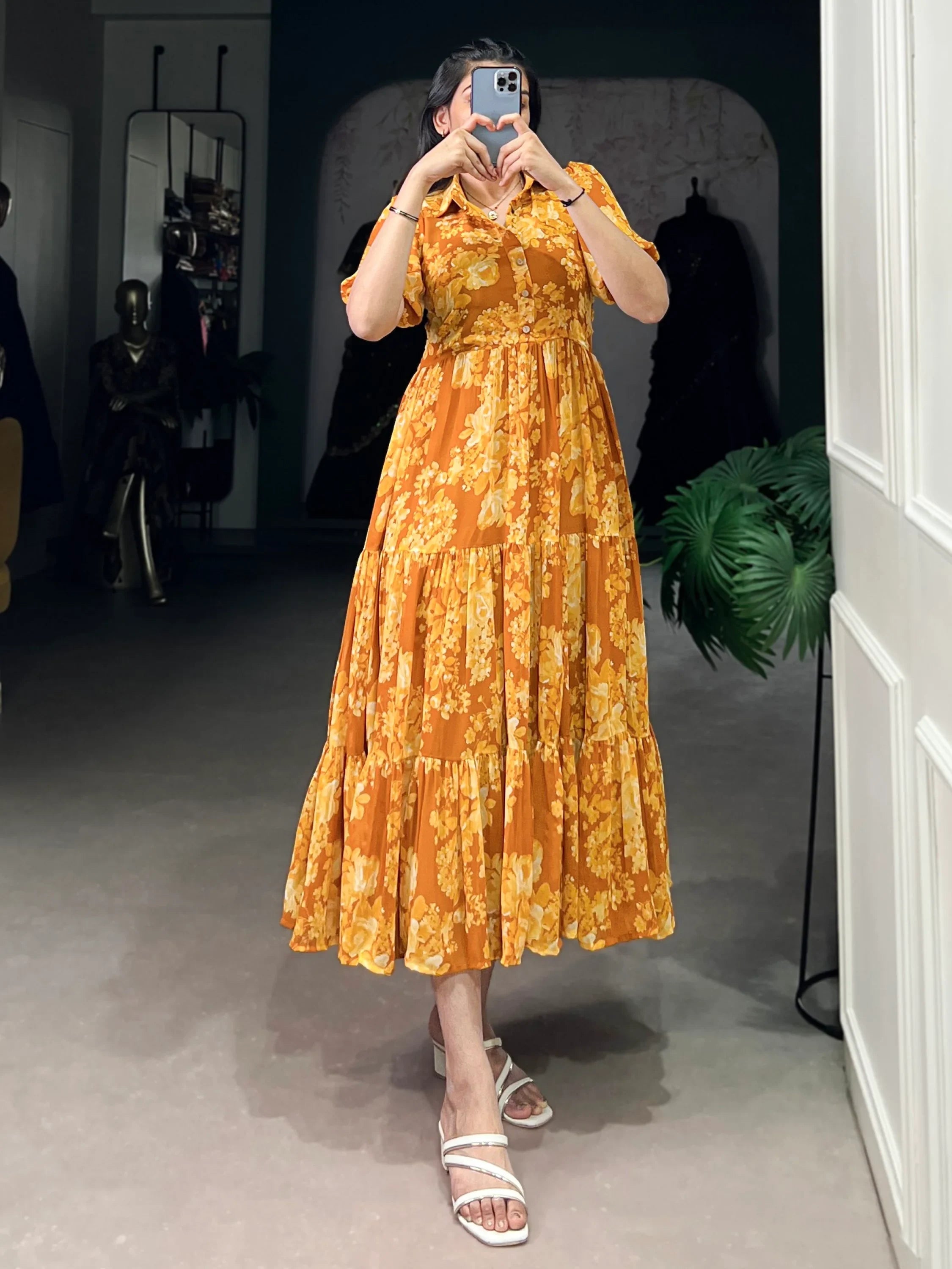 Stylish Mustard Yellow Flower Printed Georgette Summer Wear Dress