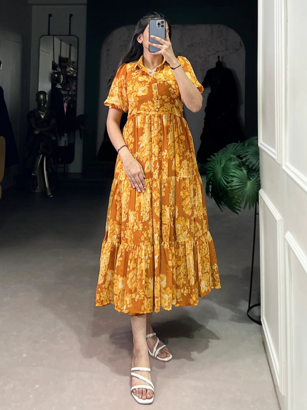 Stylish Mustard Yellow Flower Printed Georgette Summer Wear Dress