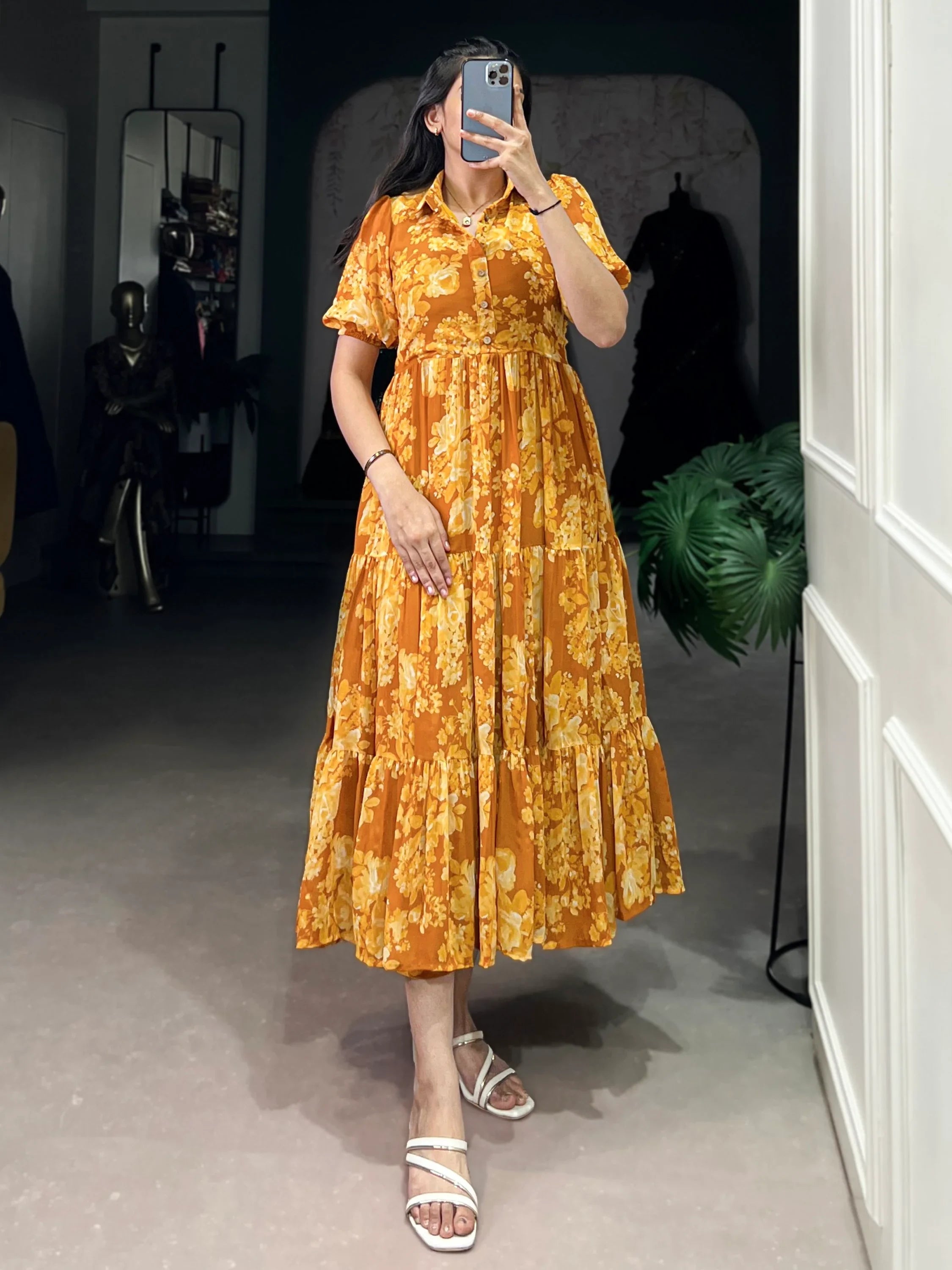 Stylish Mustard Yellow Flower Printed Georgette Summer Wear Dress