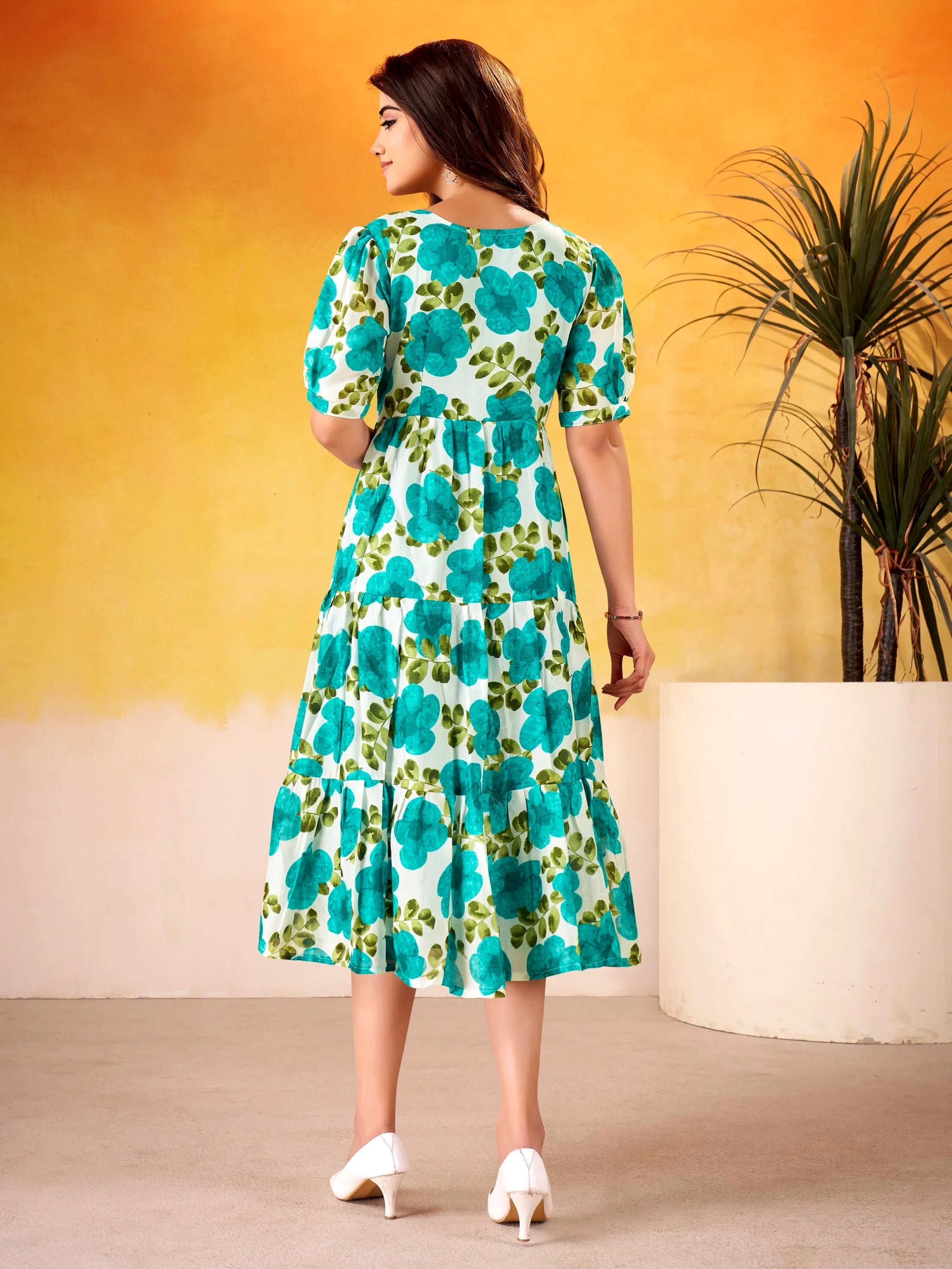 Teal Beautiful Flower Printed Silk Summer Wear Dress