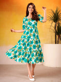 Teal Beautiful Flower Printed Silk Summer Wear Dress
