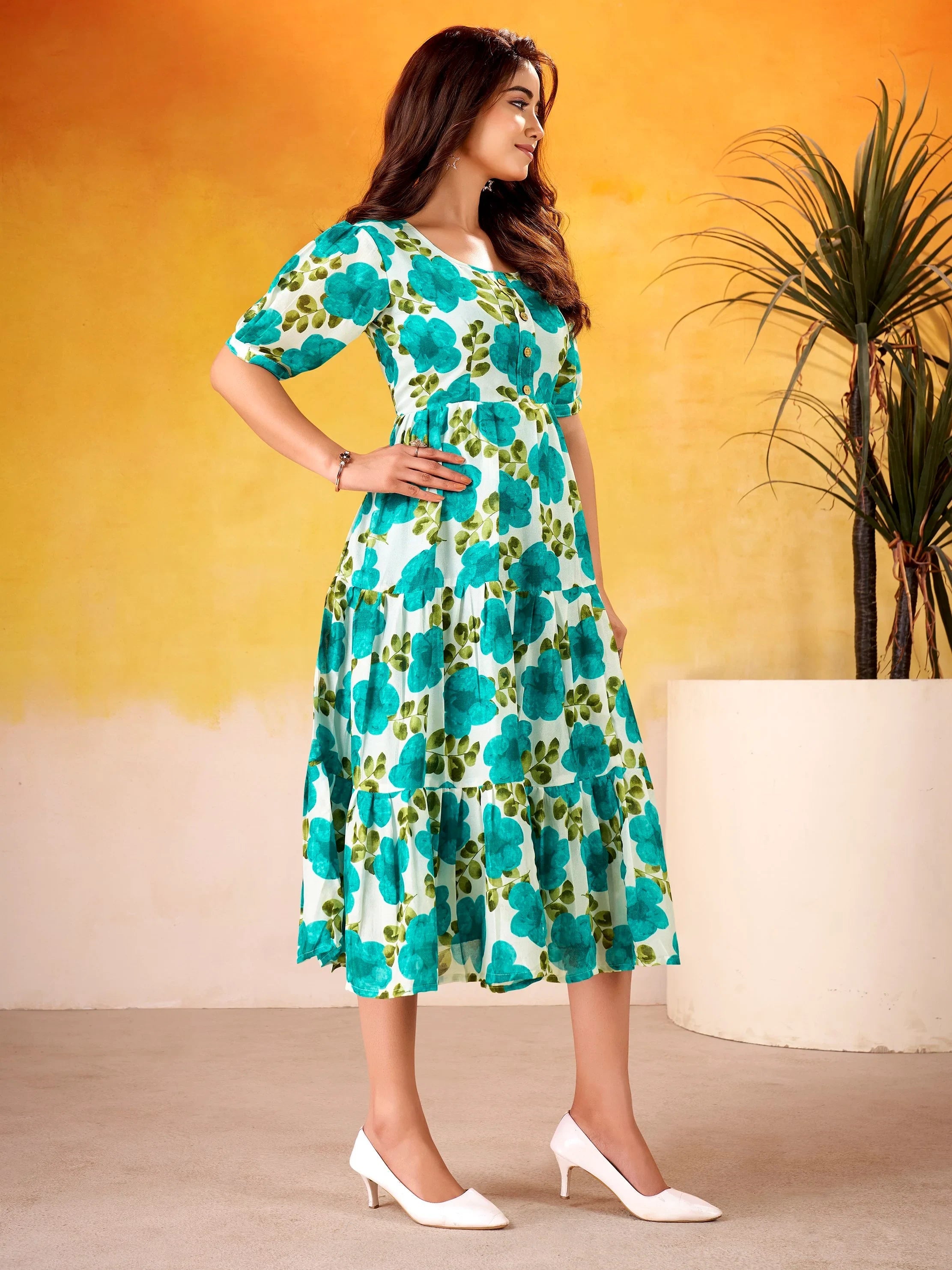 Teal Beautiful Flower Printed Silk Summer Wear Dress