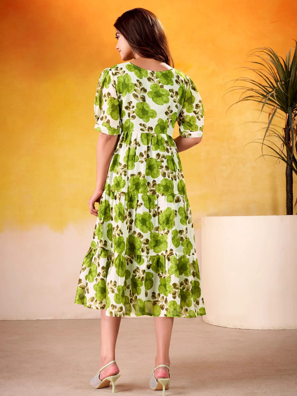 Green Beautiful Flower Printed Silk Summer Wear Dress