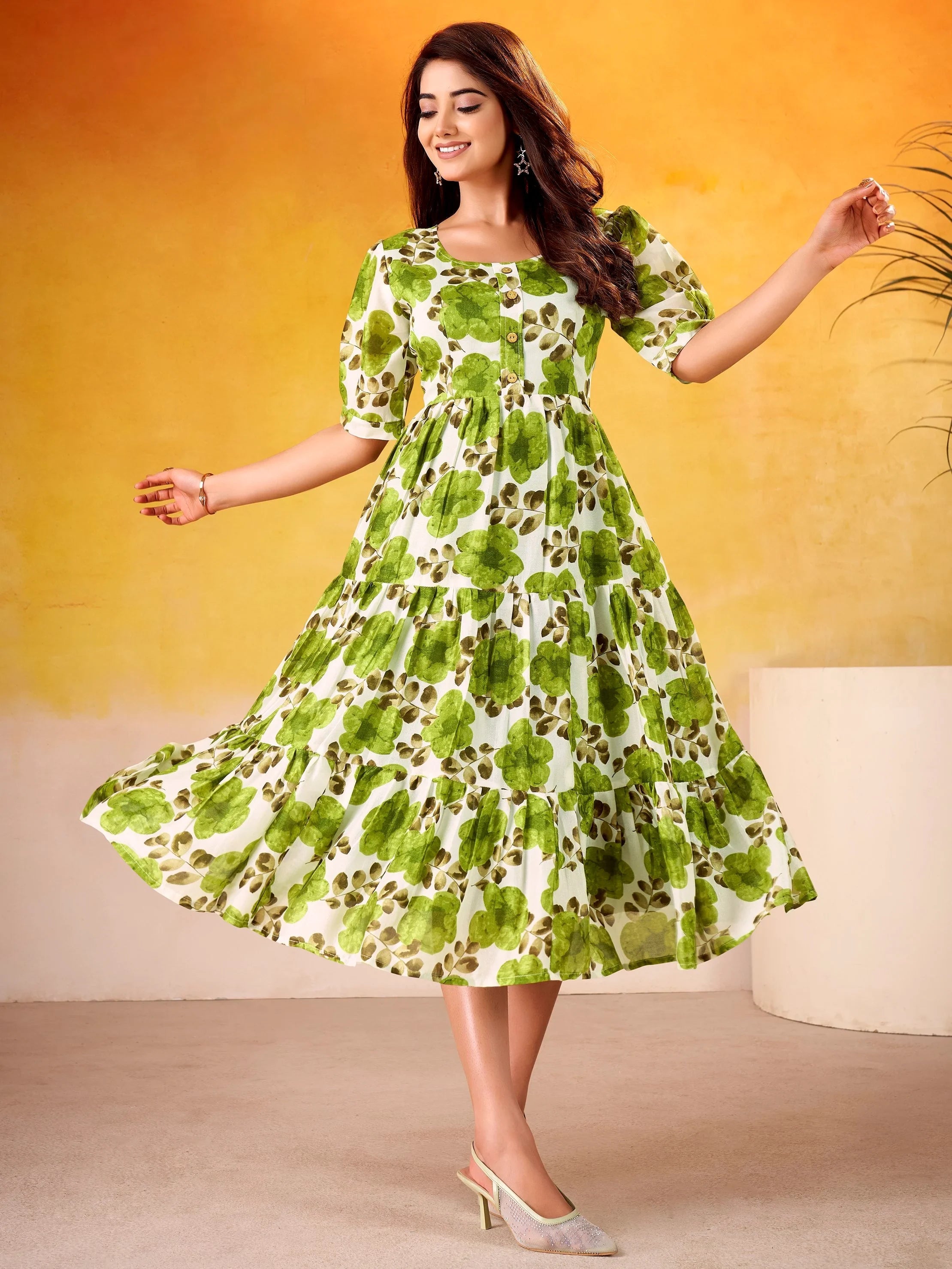 Green Beautiful Flower Printed Silk Summer Wear Dress