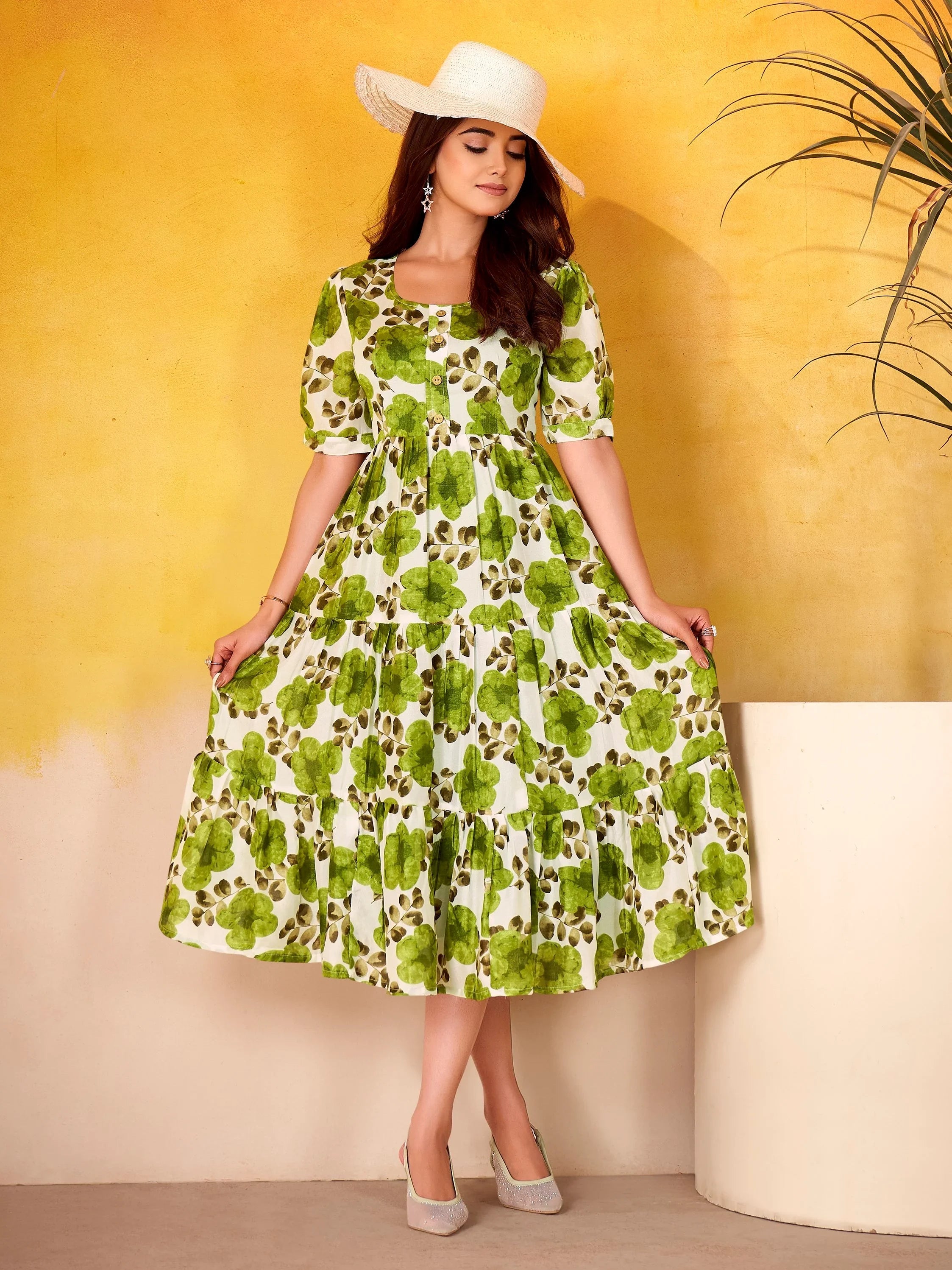 Green Beautiful Flower Printed Silk Summer Wear Dress