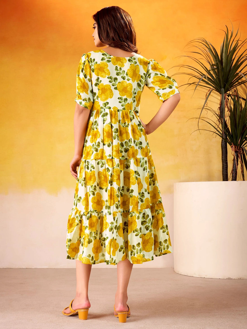 Mustard Beautiful Flower Printed Silk Summer Wear Dress