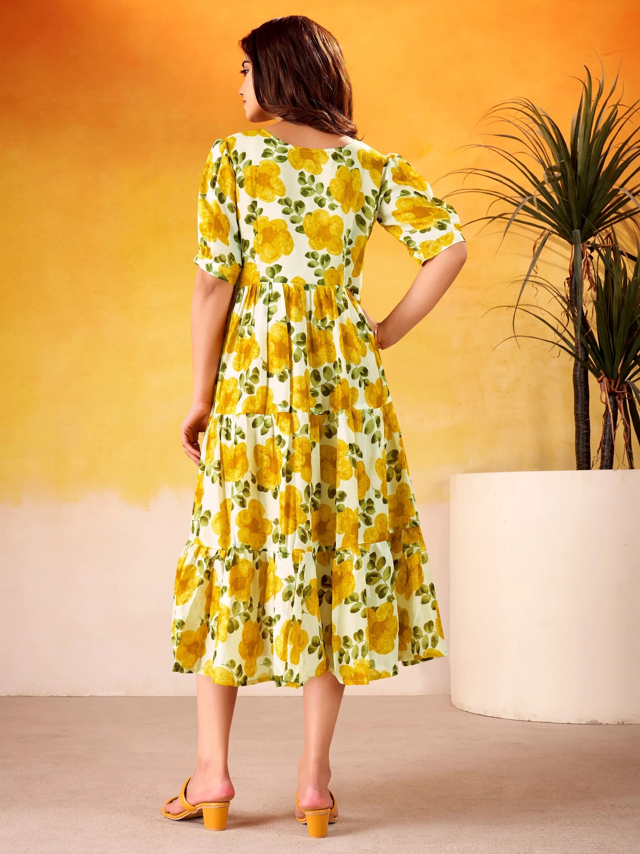 Mustard Beautiful Flower Printed Silk Summer Wear Dress