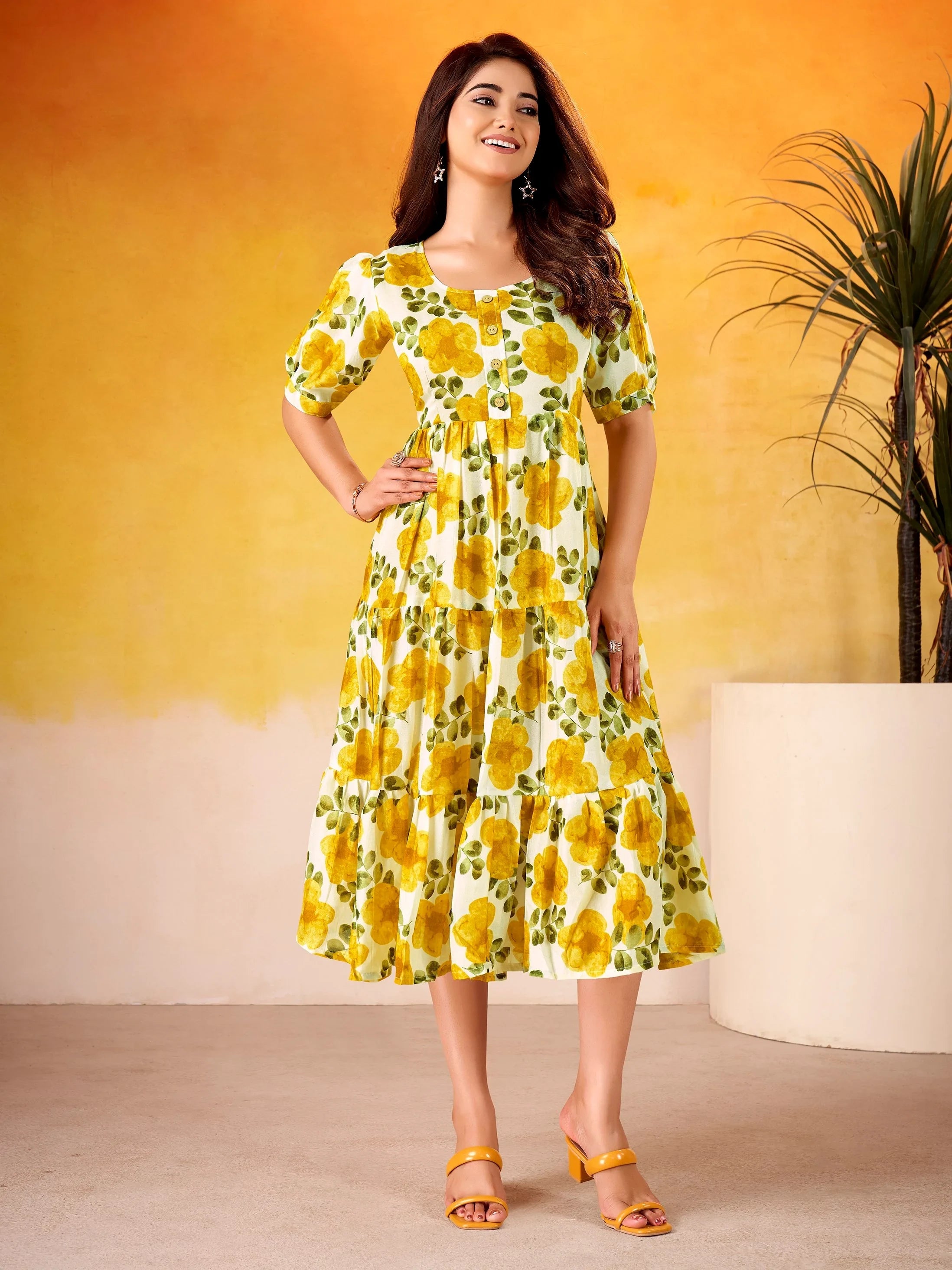 Mustard Beautiful Flower Printed Silk Summer Wear Dress