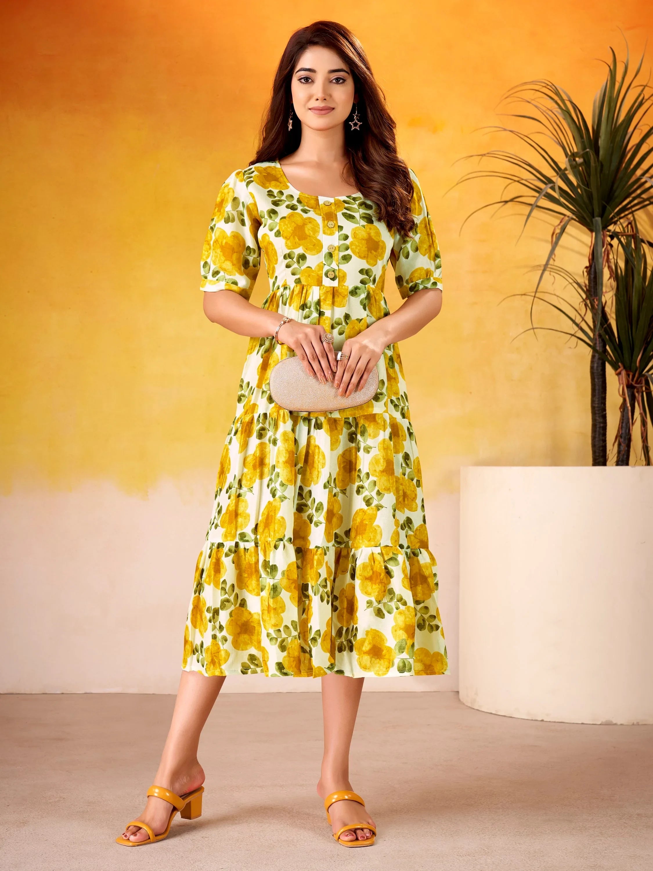 Mustard Beautiful Flower Printed Silk Summer Wear Dress