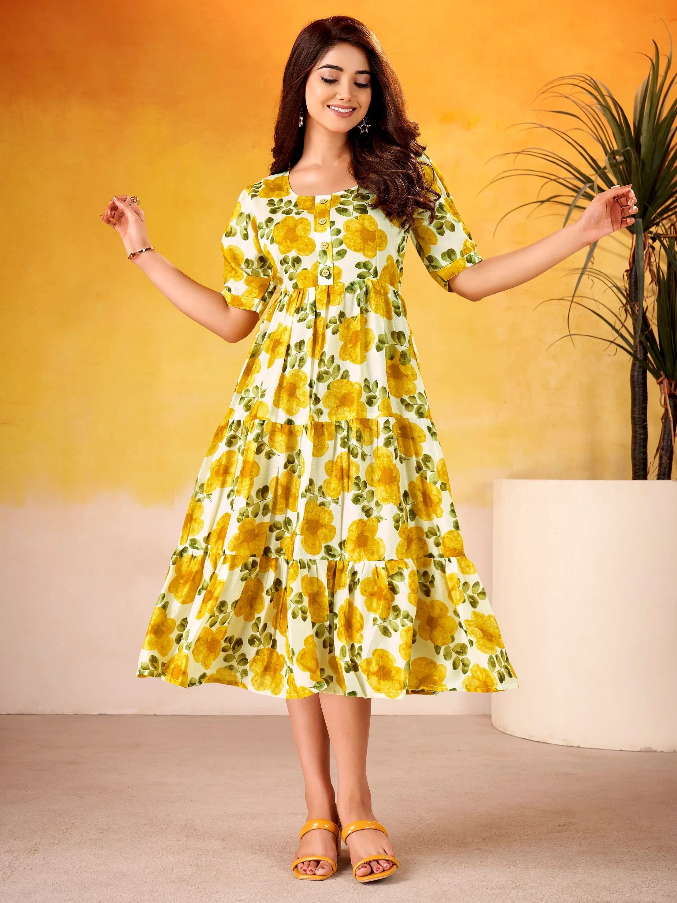 Mustard Beautiful Flower Printed Silk Summer Wear Dress