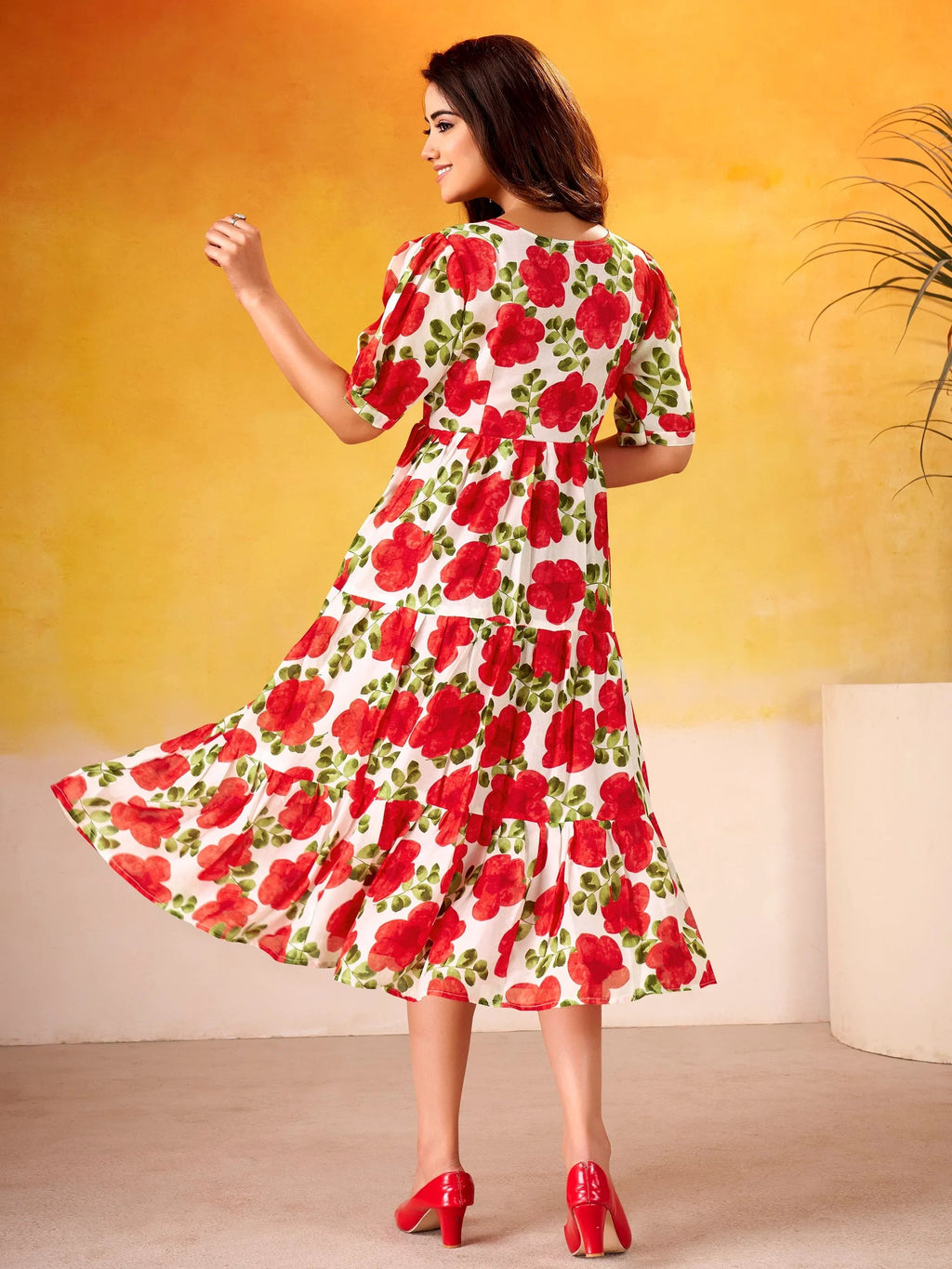 Red Beautiful Flower Printed Silk Summer Wear Dress