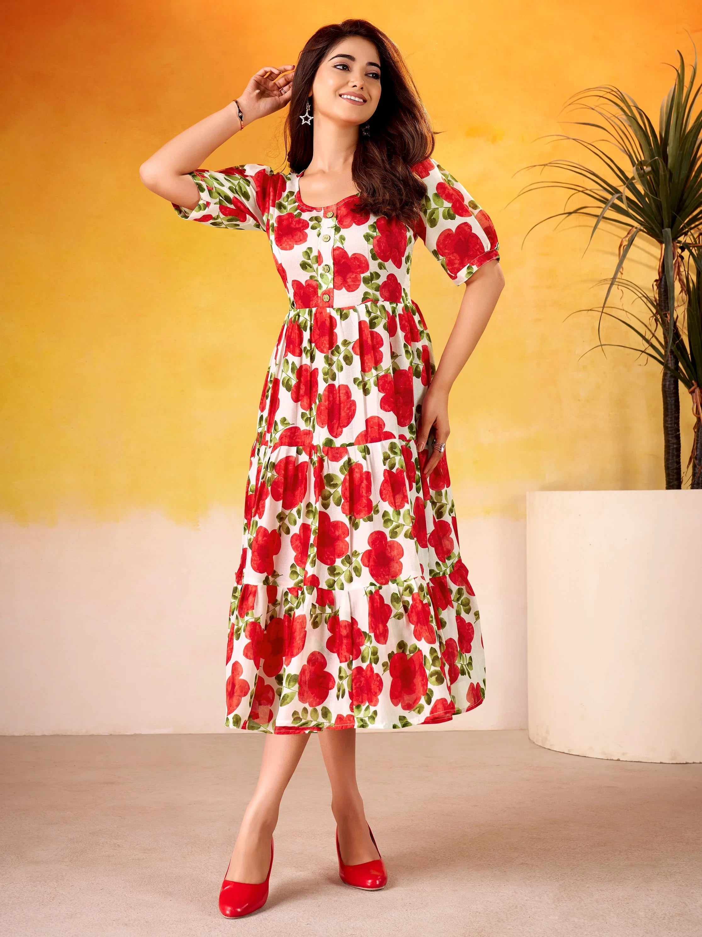 Red Beautiful Flower Printed Silk Summer Wear Dress