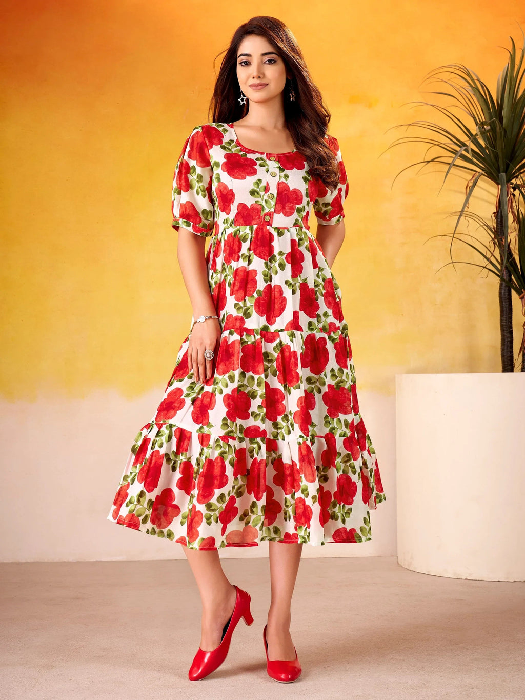 Red Beautiful Flower Printed Silk Summer Wear Dress