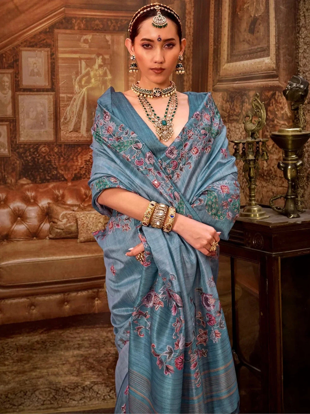 Stunning Blue Hand Work Tussar Silk Wedding Wear Saree With Blouse