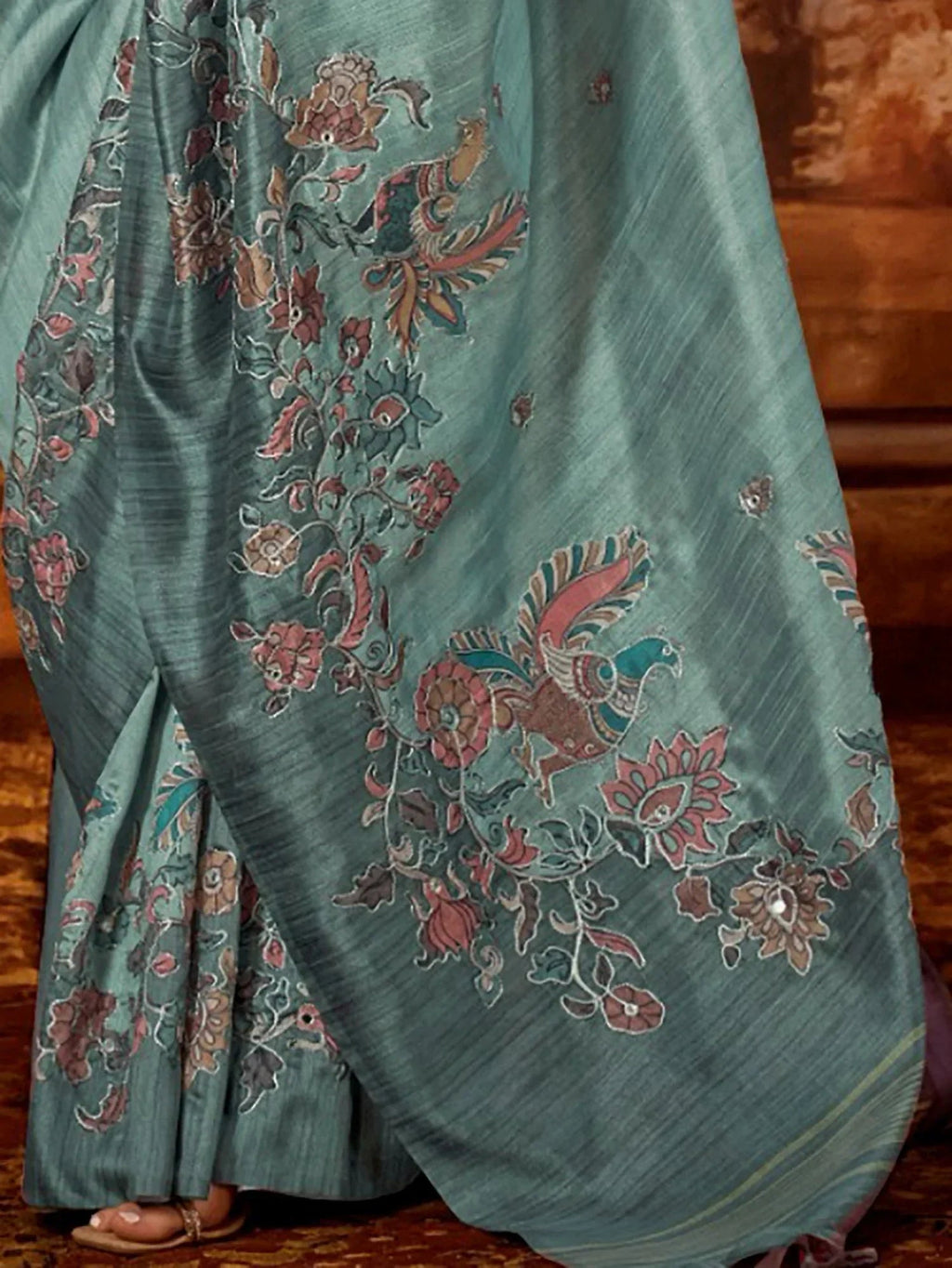 Attractive Green Hand Work Tussar Silk Function Wear Saree With Blouse