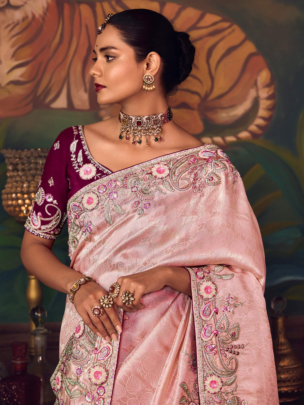 Fabulous Pink Sequins Embroidered Silk Festive Wear Saree With Blouse