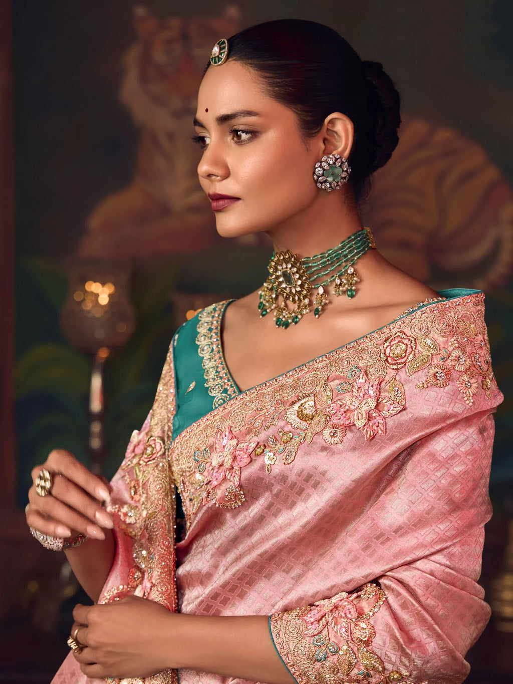 Glamorous Pink Diamond Work Silk Wedding Wear Saree With Blouse