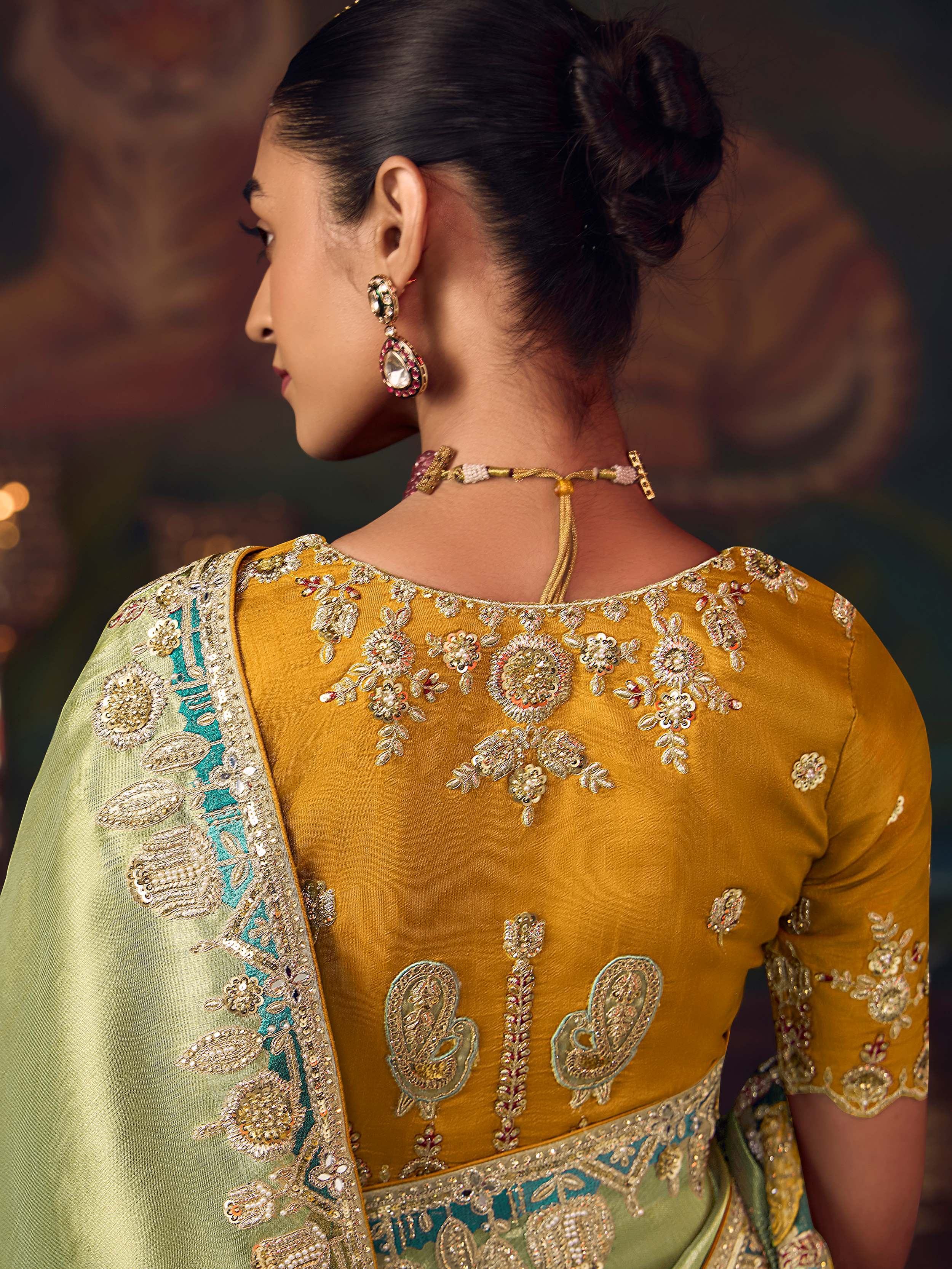 Amazing Green Sequins Embroidered Silk Festive Wear Saree With Blouse