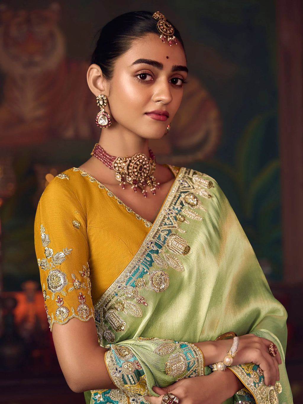 Amazing Green Sequins Embroidered Silk Festive Wear Saree With Blouse