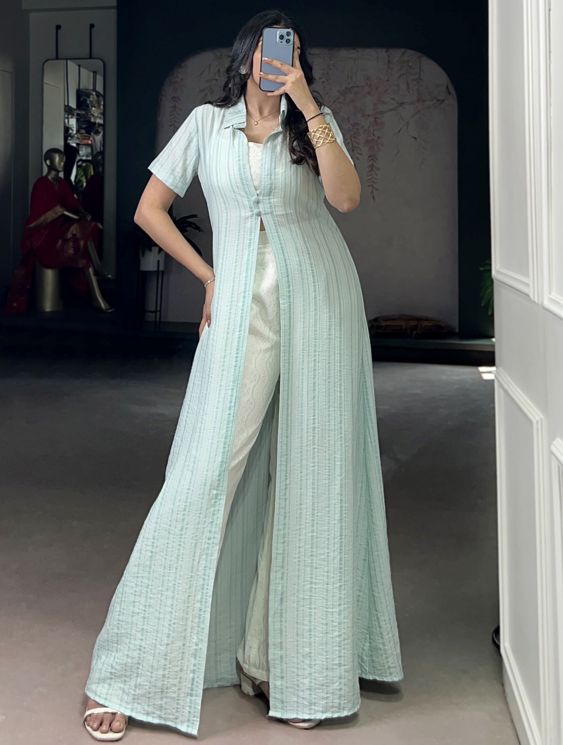 Stylish Sky Blue Printed Cotton Casual Wear Co-ord Set With Shrug