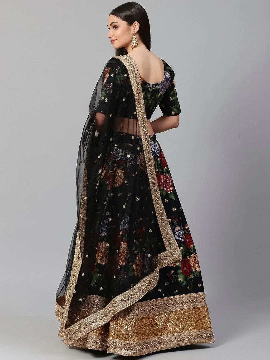 Black & Printed Semi-Stitched Myntra Lehenga & Unstitched Blouse with Dupatta