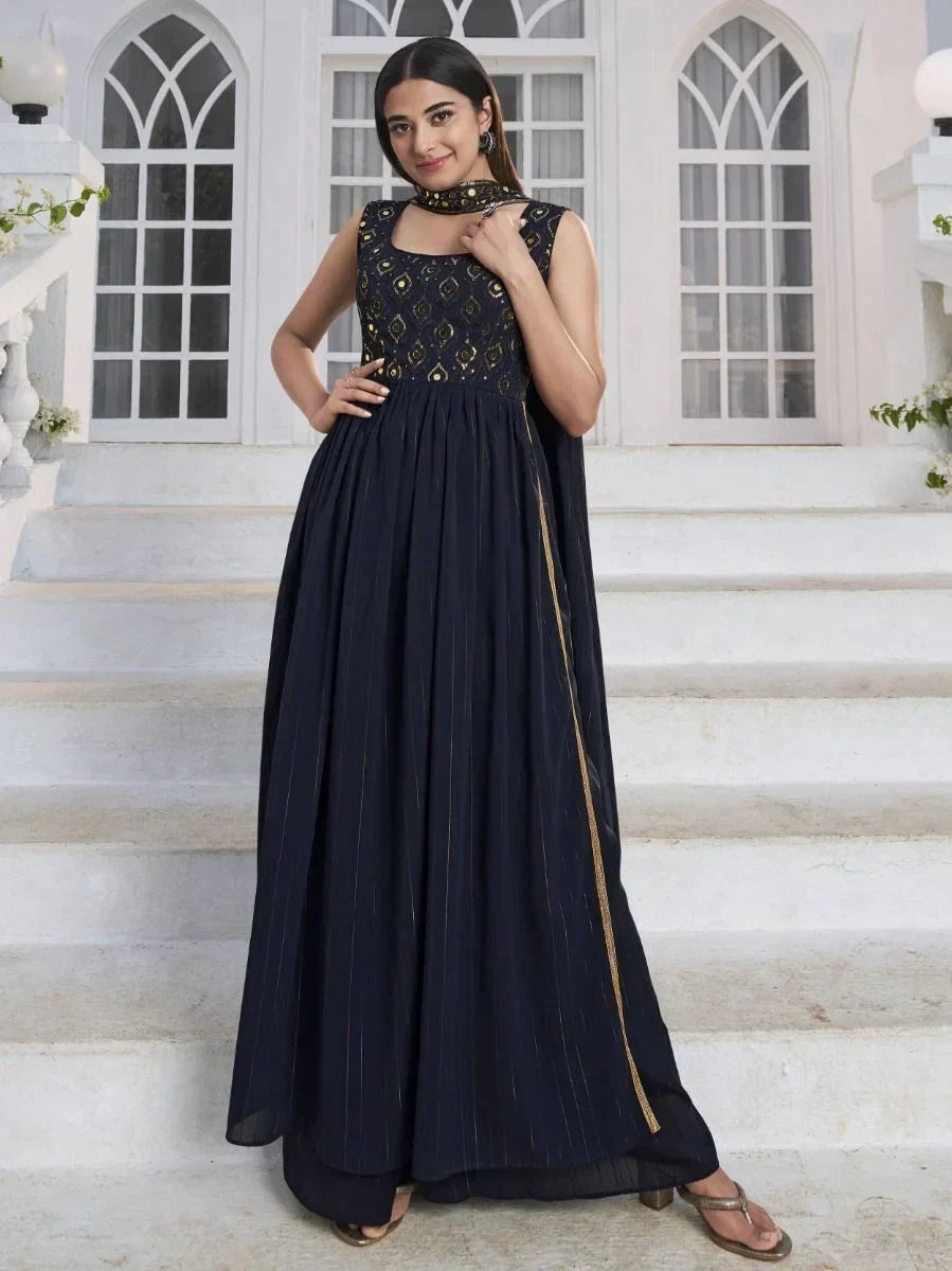 Charismatic Blue Embroidered Georgette Ready-to-wear Palazzo Suit