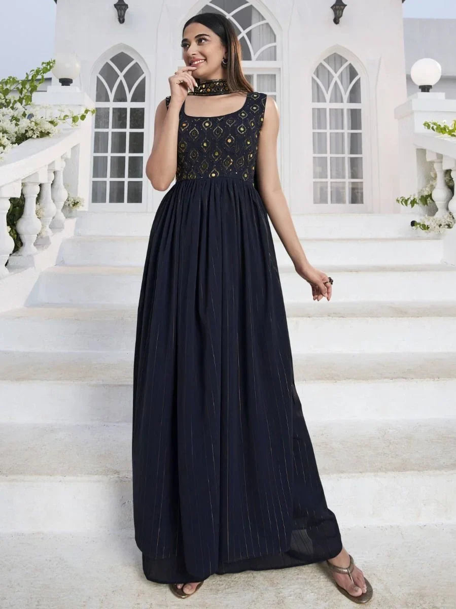 Charismatic Blue Embroidered Georgette Ready-to-wear Palazzo Suit