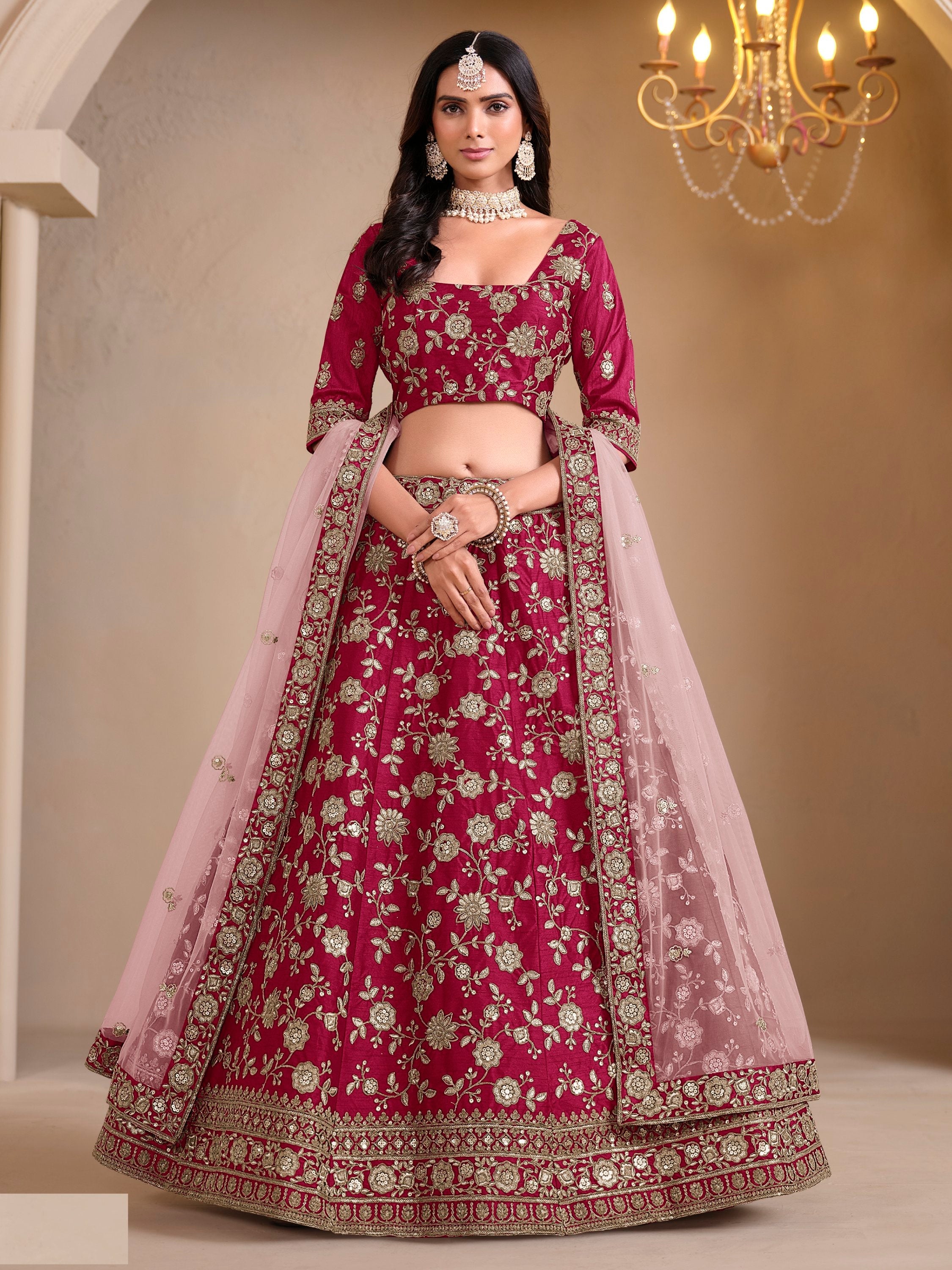 Glamours Pink Embroidered Silk Reception Wear Lehenga Choli With Dupatta