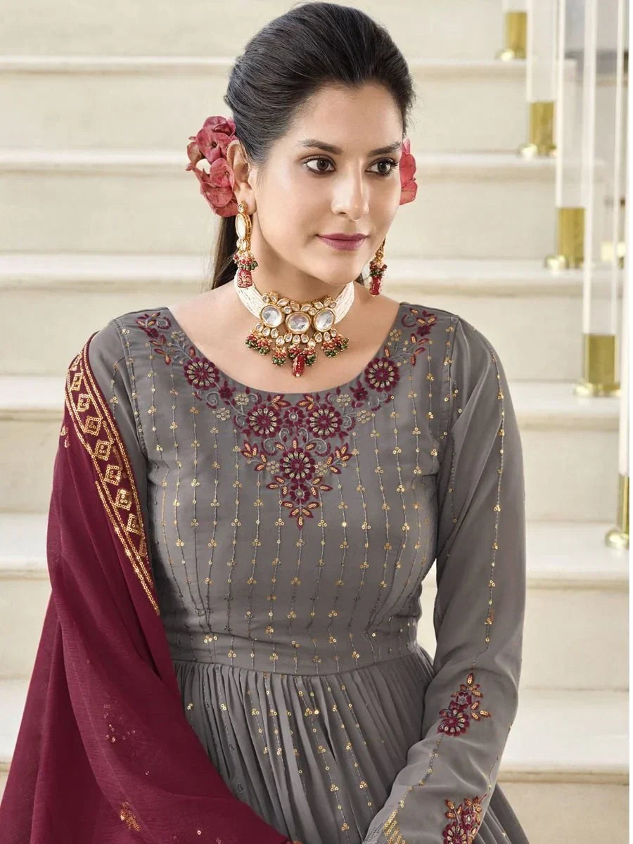 Classic Grey Embroidered Georgette Events Wear Palazzo Suit