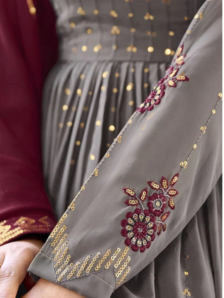Classic Grey Embroidered Georgette Events Wear Palazzo Suit