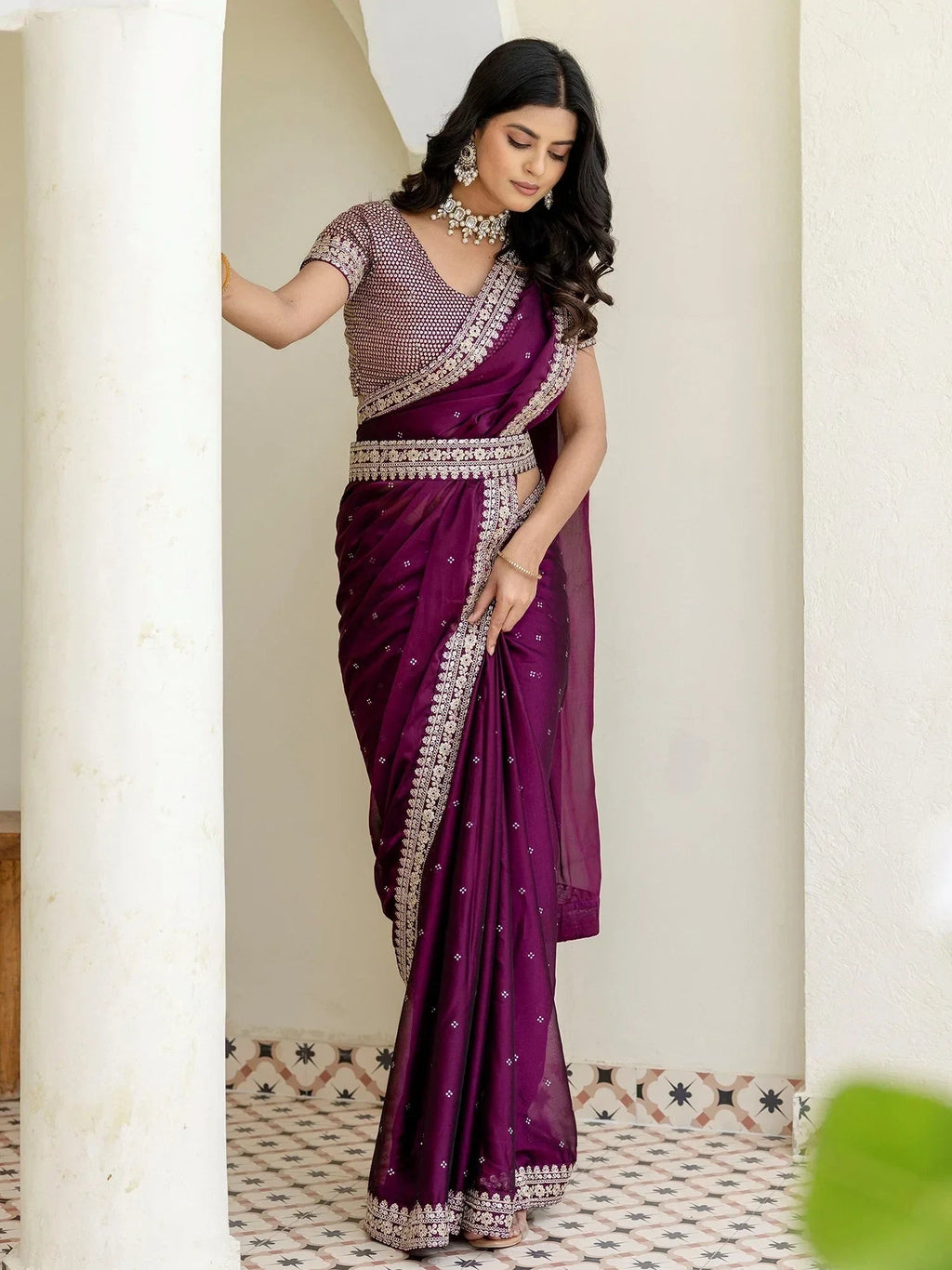 Elegant Wine Silk Sequins Work Reception Wear Saree With Blouse
