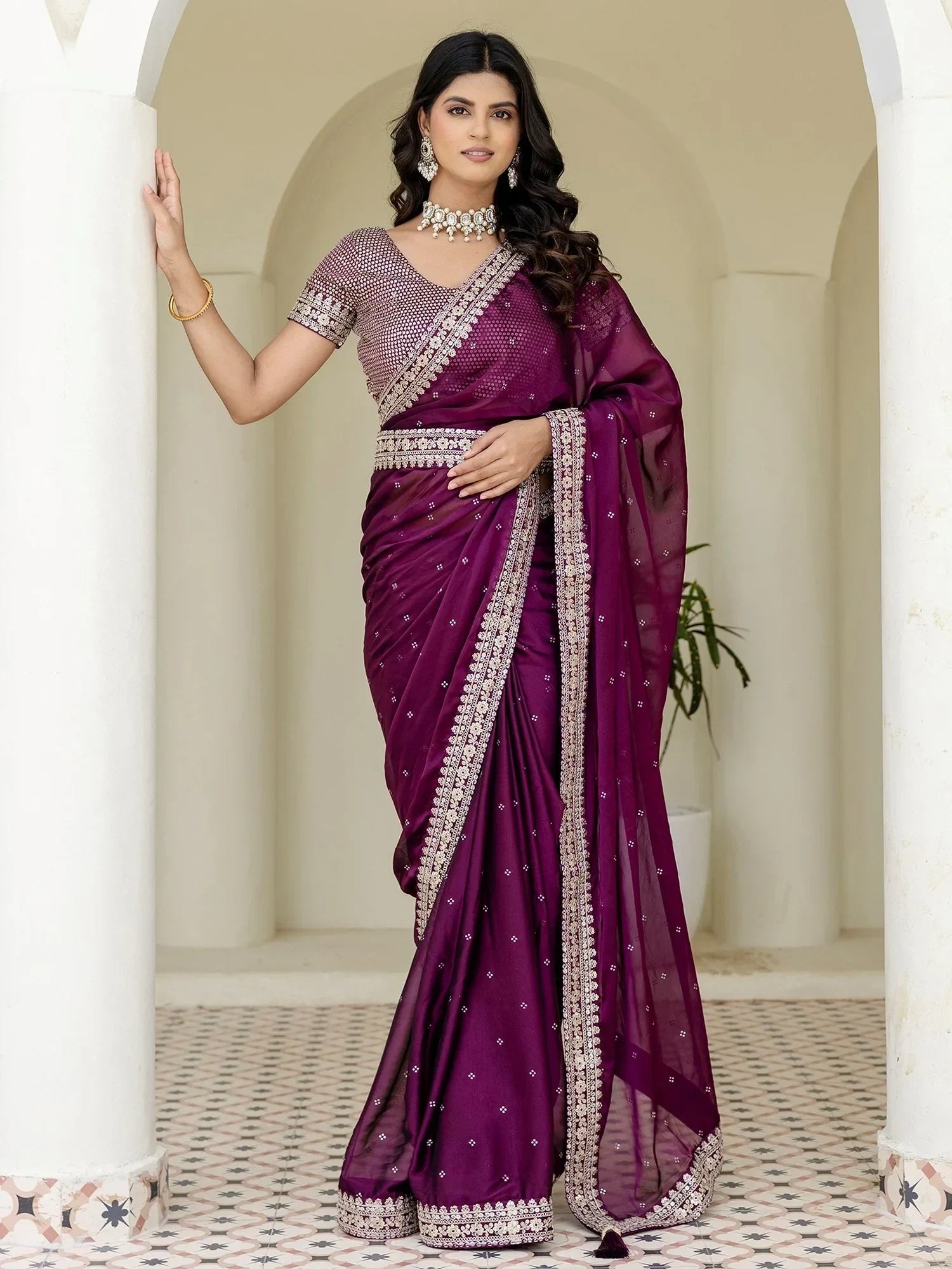 Elegant Wine Silk Sequins Work Reception Wear Saree With Blouse