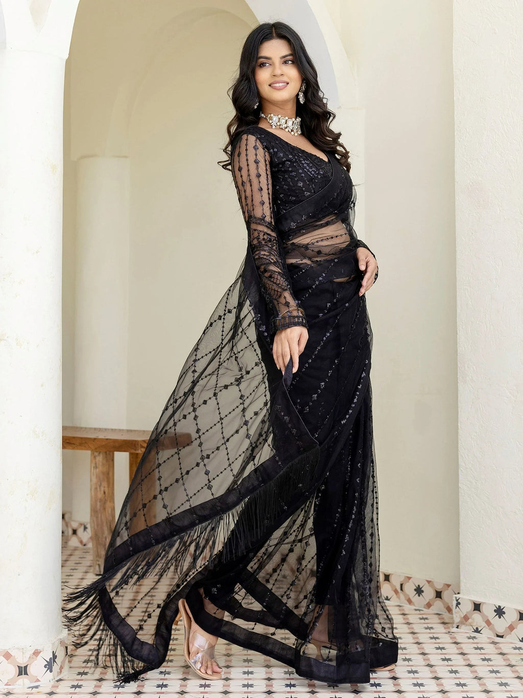 Stylish Black Net Sequins Embroidered Party Wear Saree With Blouse