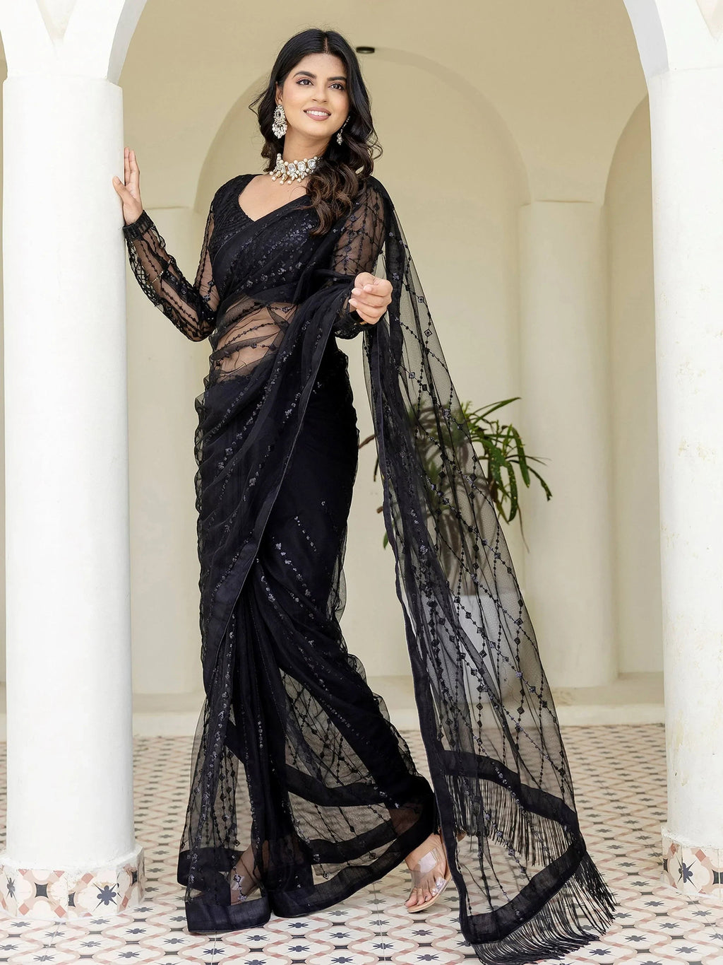 Stylish Black Net Sequins Embroidered Party Wear Saree With Blouse