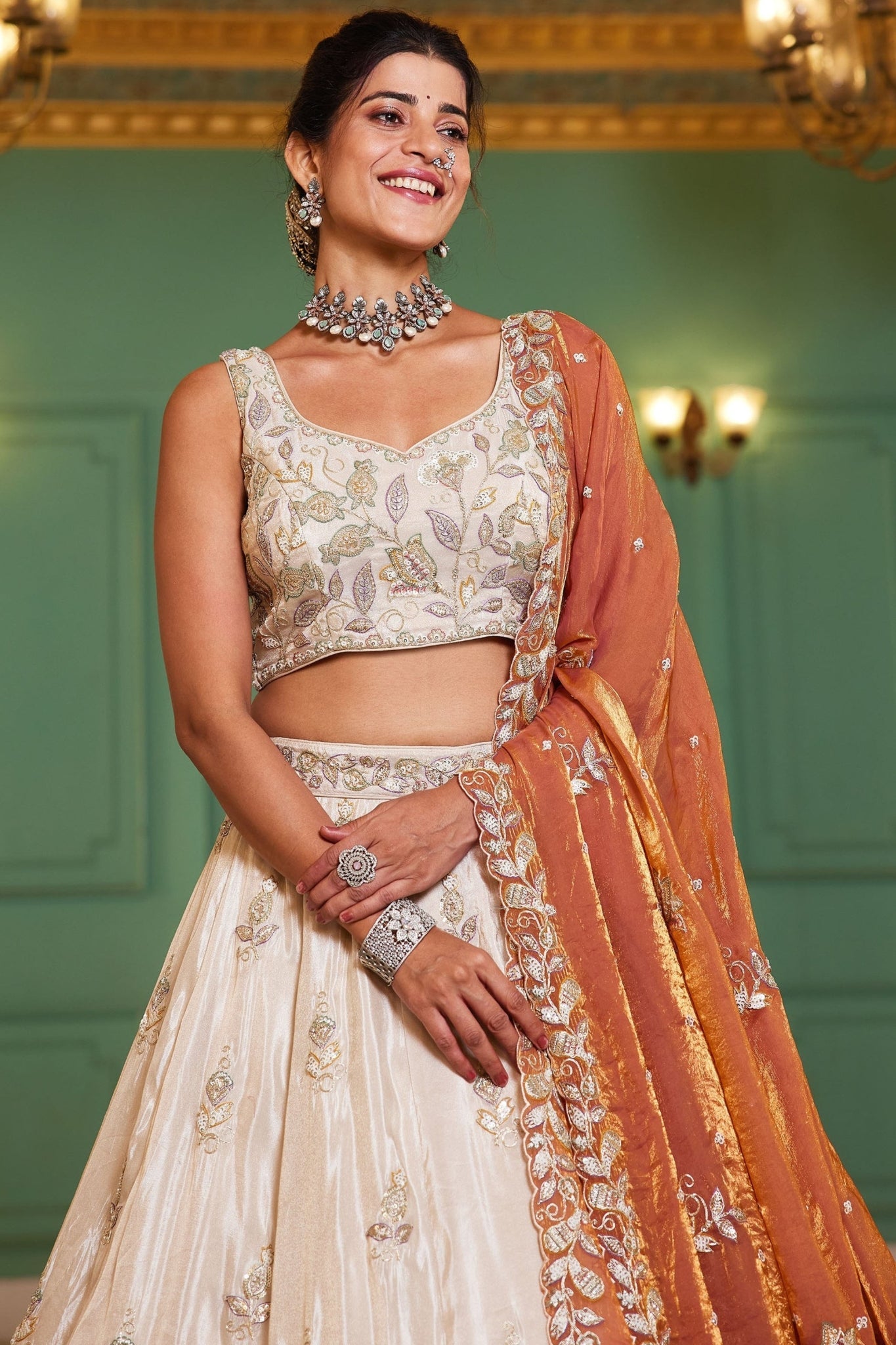 Premium Pure Tissue Ivory Orange Designer Lehenga Choli For Wedding & Festive Wear