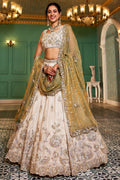 Premium Pure Tissue Ivory Cream Designer Lehenga Choli With Sage Green Fendi Dupatta