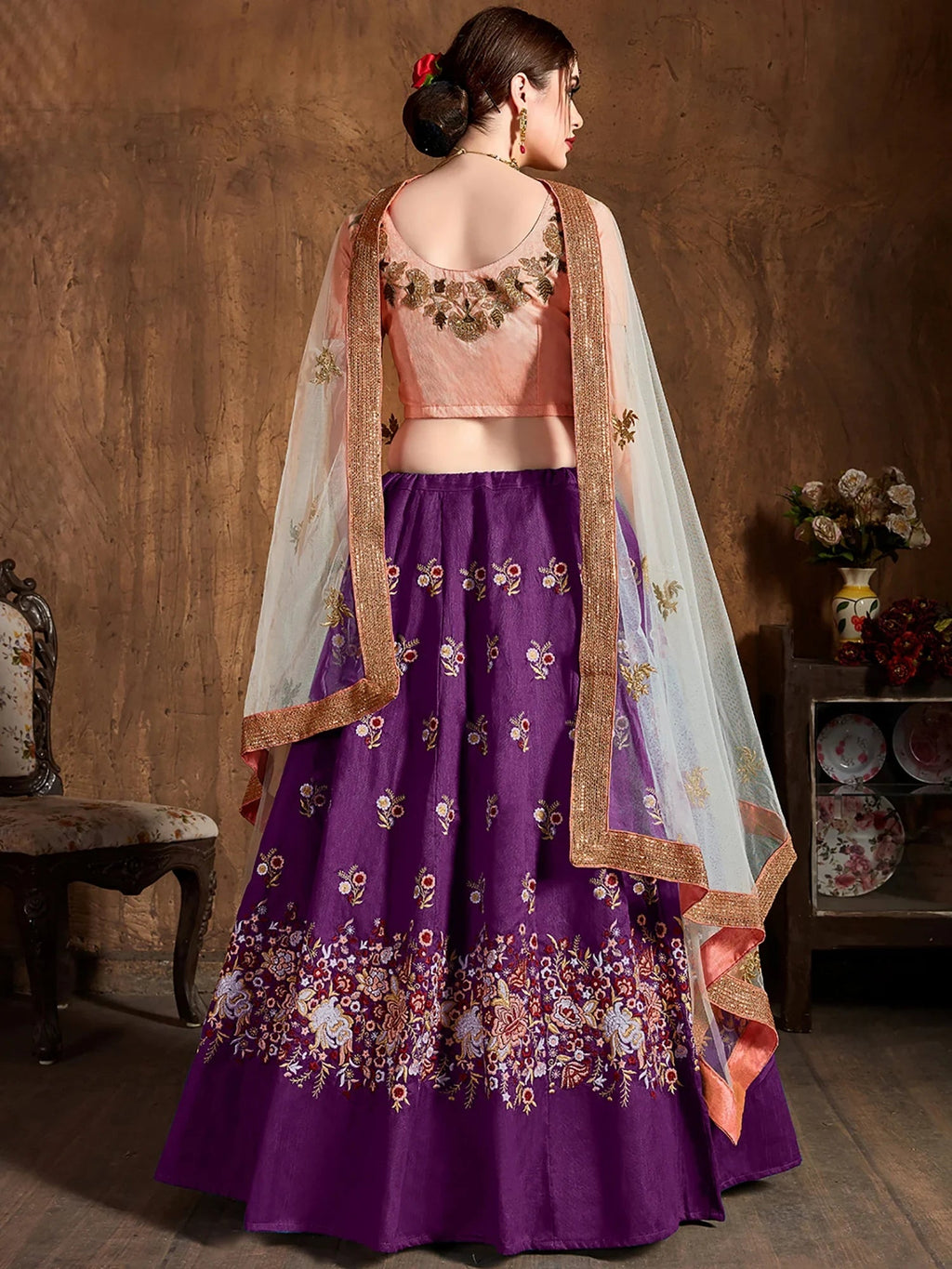 Gorgeous Purple Embroidered Silk Bridesmaid Plus Size Lehenga Choli