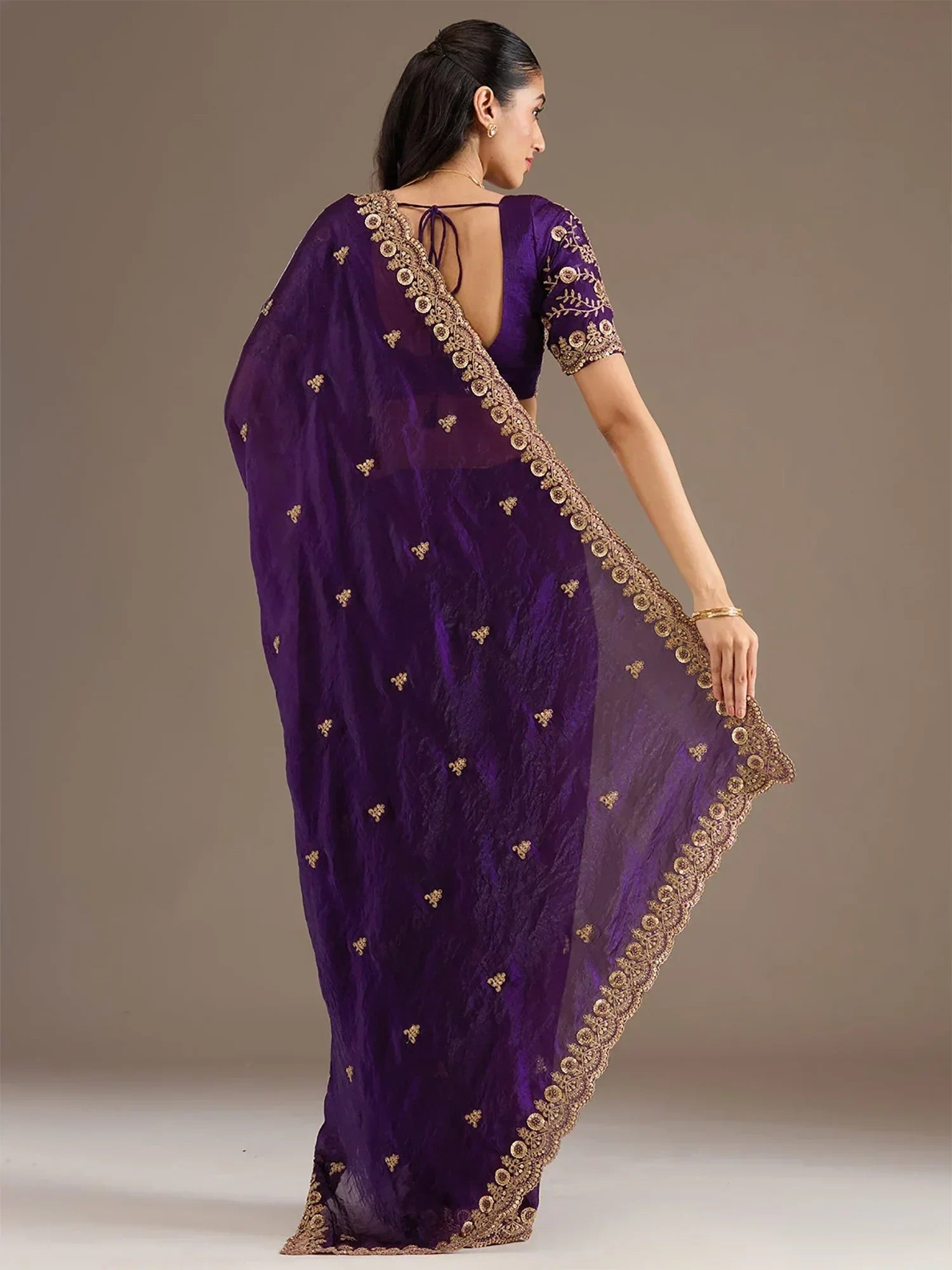 Purple Elegant Embroidered Tissue Silk Party Wear Saree With Blouse