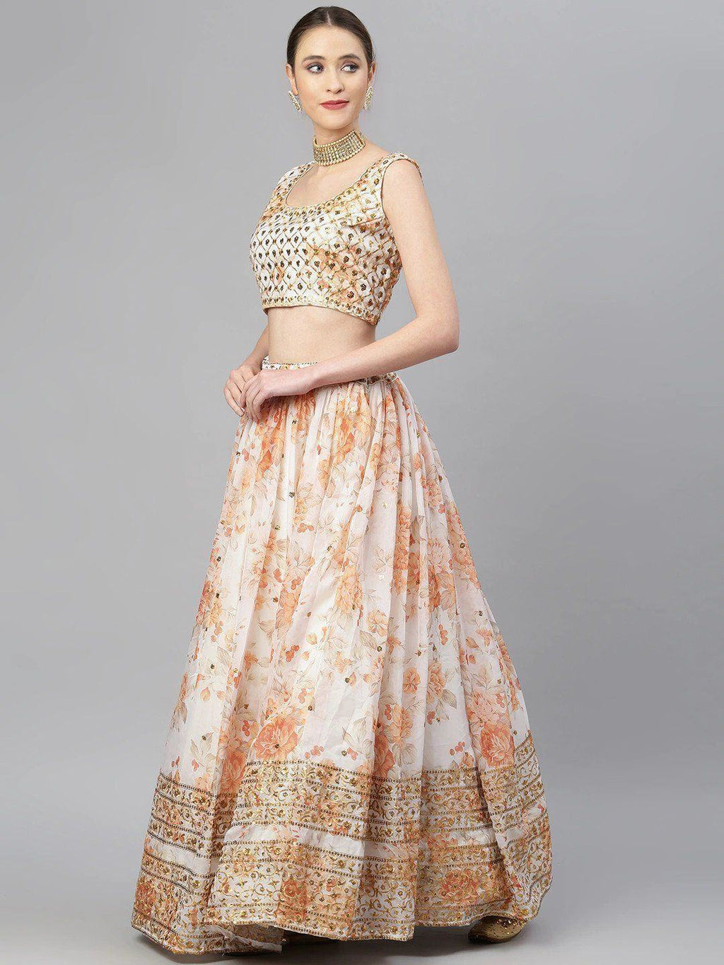 Off White & Peach-Coloured Embellished Sequinned Semi-Stitched Myntra Lehenga
