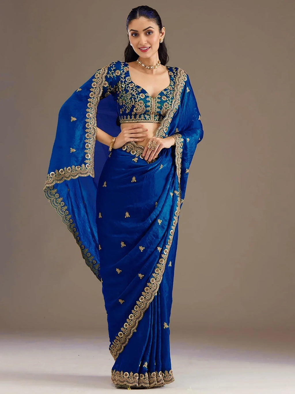 Dazzling Blue Embroidered Silk Festive Wear Saree With Blouse