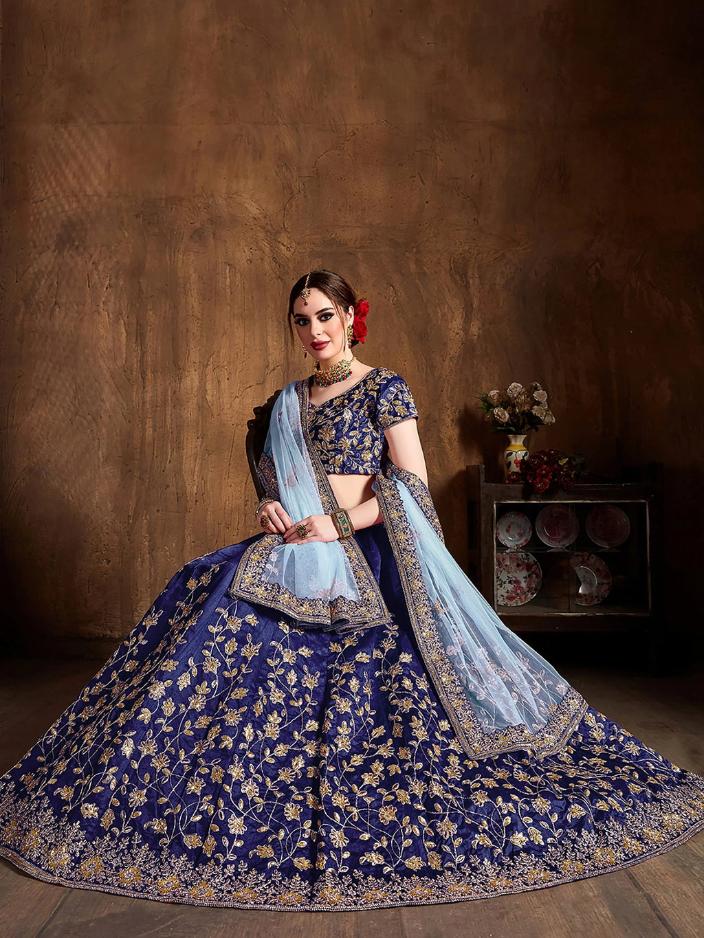 Blue Sequins Raw Silk Bridal Lehenga Choli With Dupatta