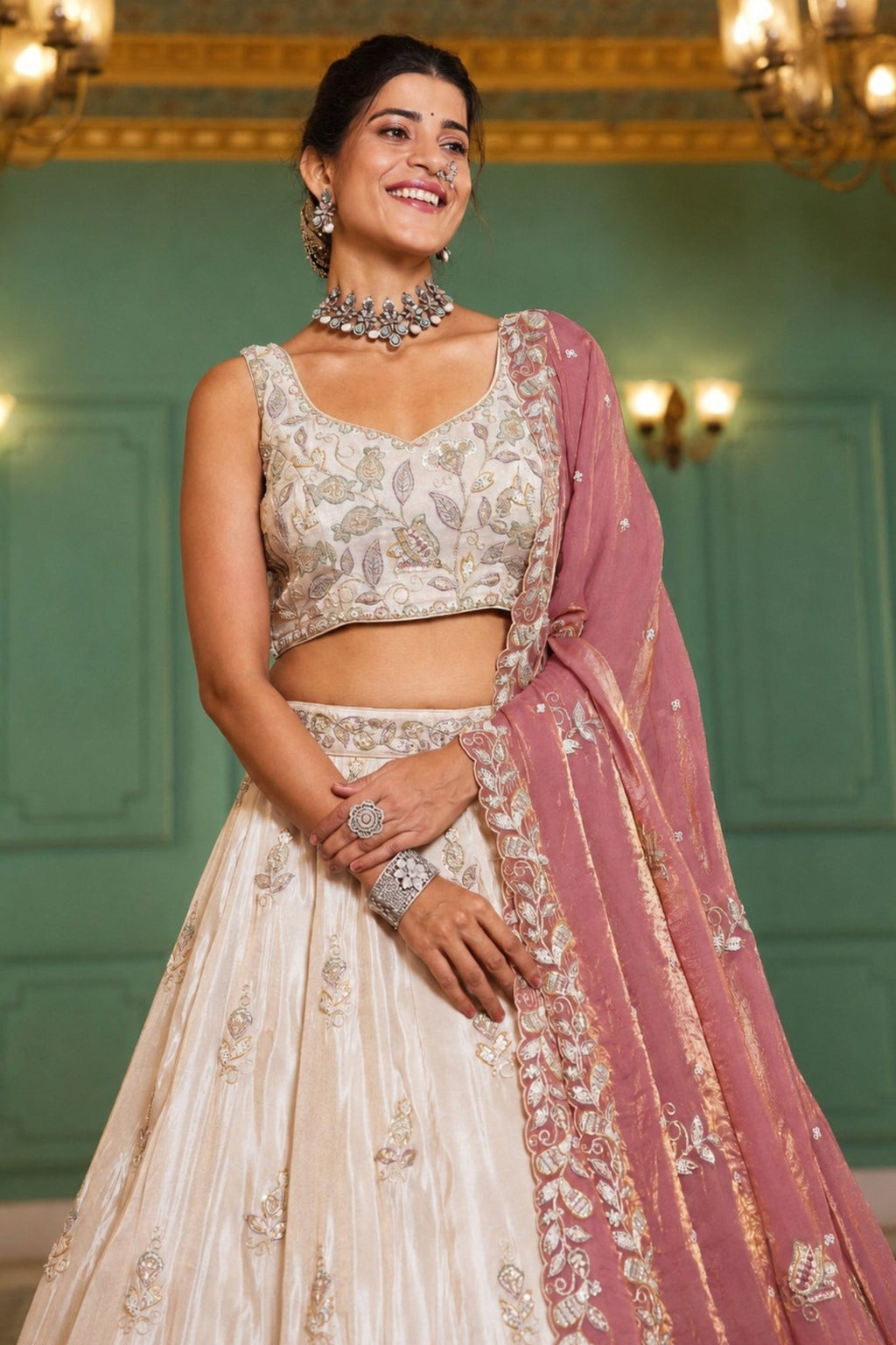 Premium Pure Tissue Ivory Cream Designer Lehenga Choli With Pink Fendi Dupatta