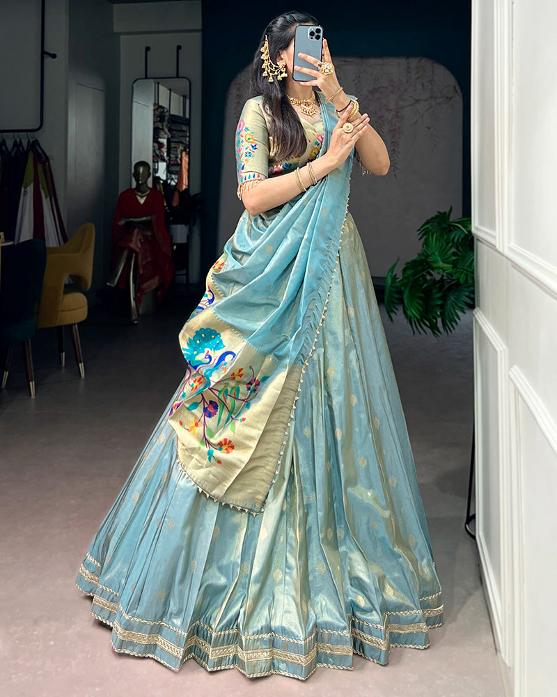 Sky Blue Shimmer Silk Designer Lehenga Set for festive celebrations and wedding occasions