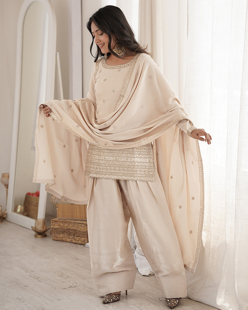 Off-White Color Roman Silk Embroidered Farshi Salwar Suit