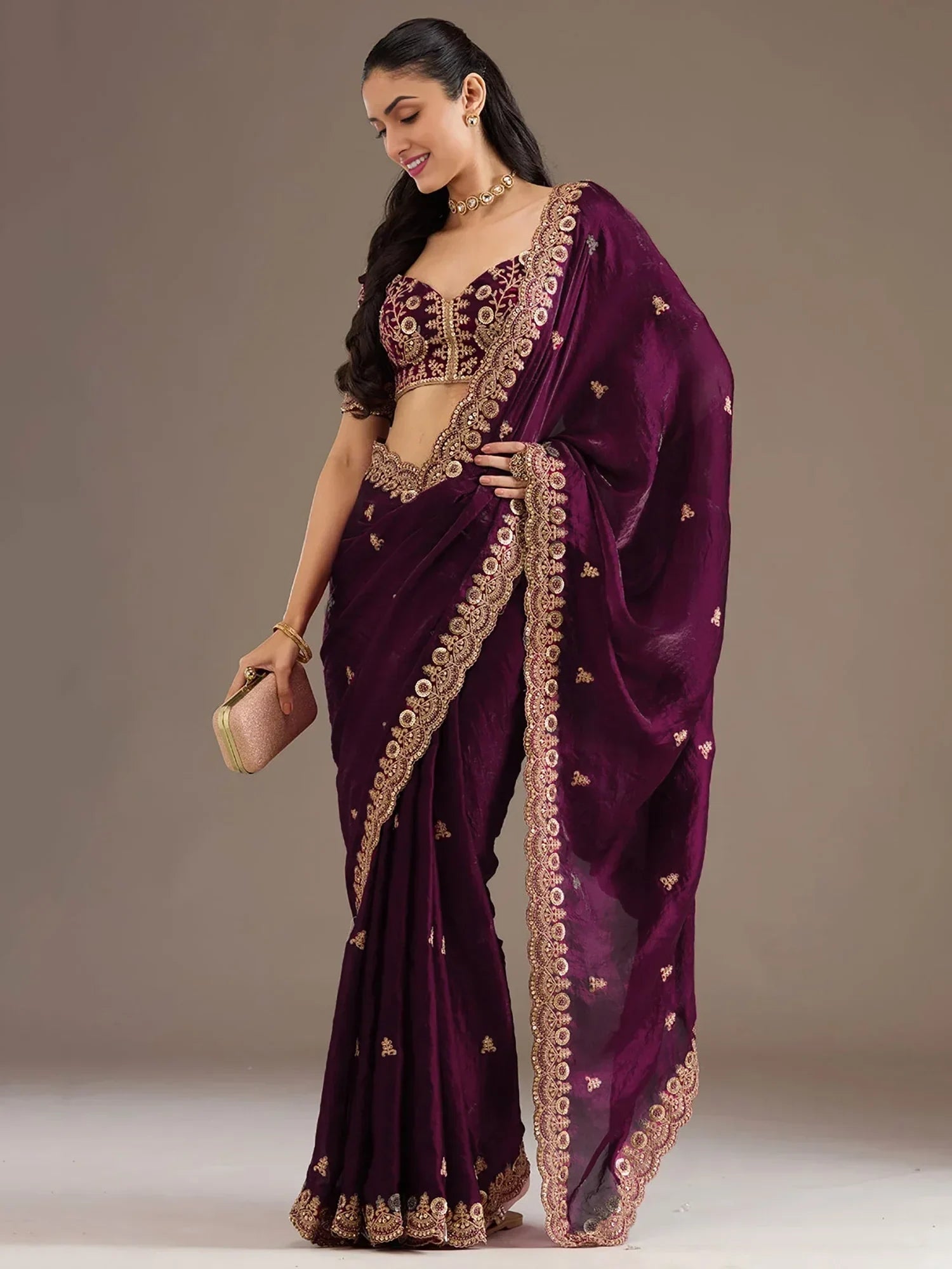 Wine Elegant Embroidered Tissue Silk Party Wear Saree With Blouse