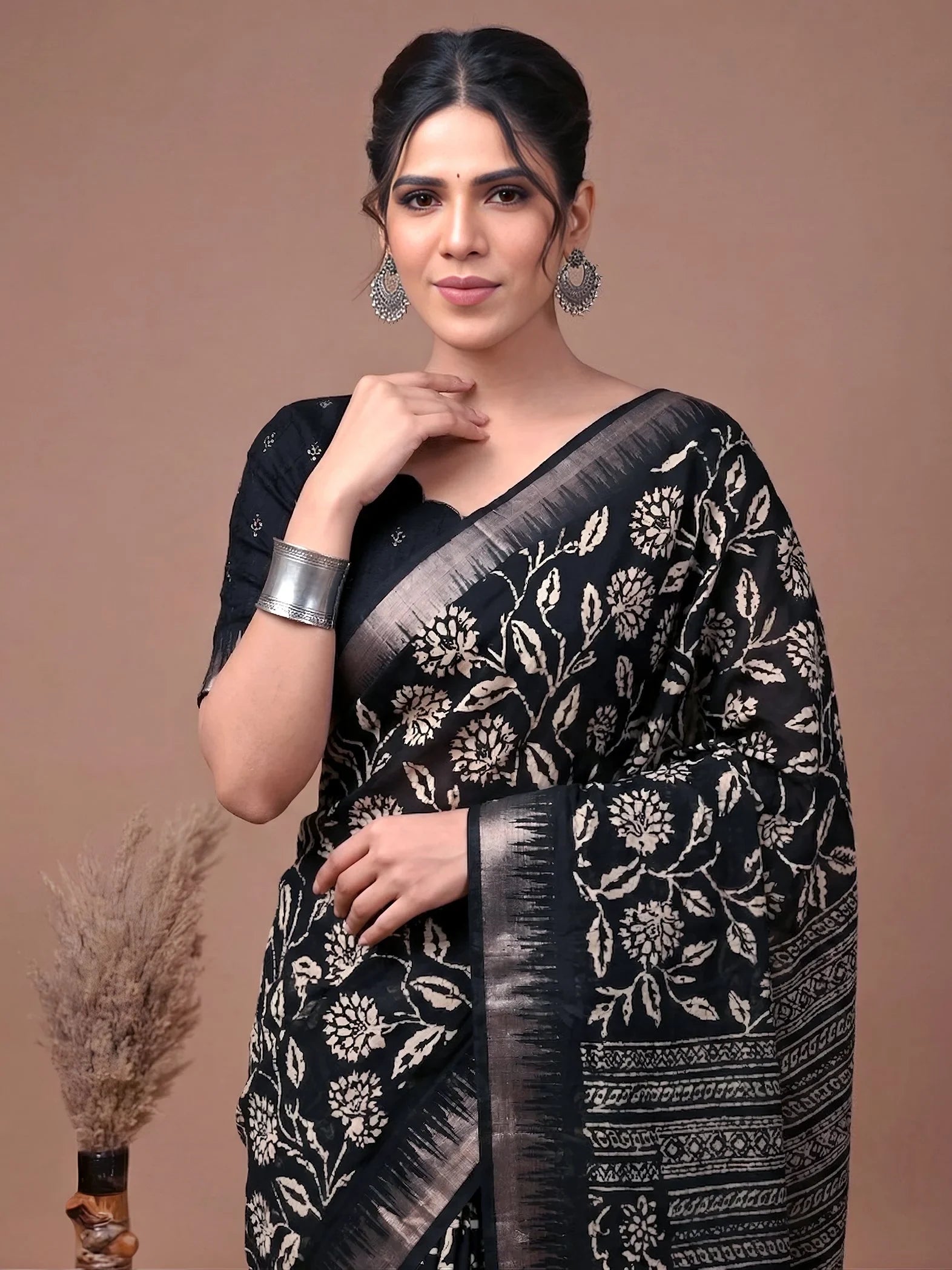 Black Majestic Floral Printed Silk Casual Wear Saree With Blouse