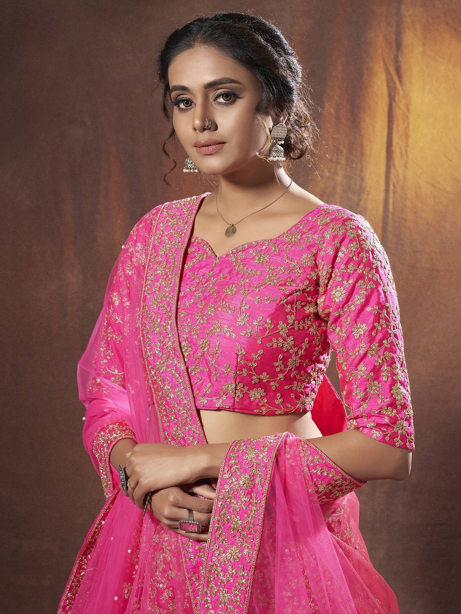 Gorgeous Pink Dori Embroidered Silk Wedding Lehenga Choli With Dupatta